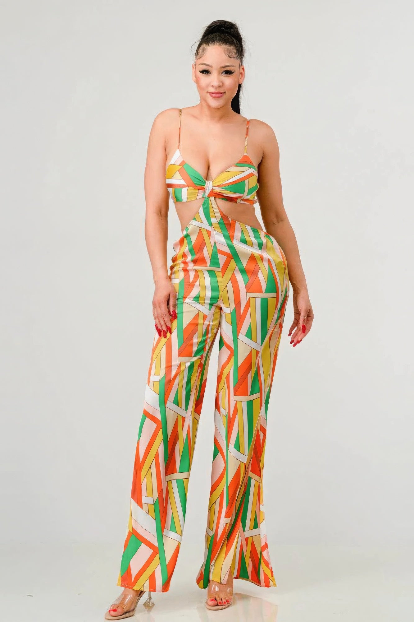 Luxe geo print satin bra top and palazzo jumpsuit product image