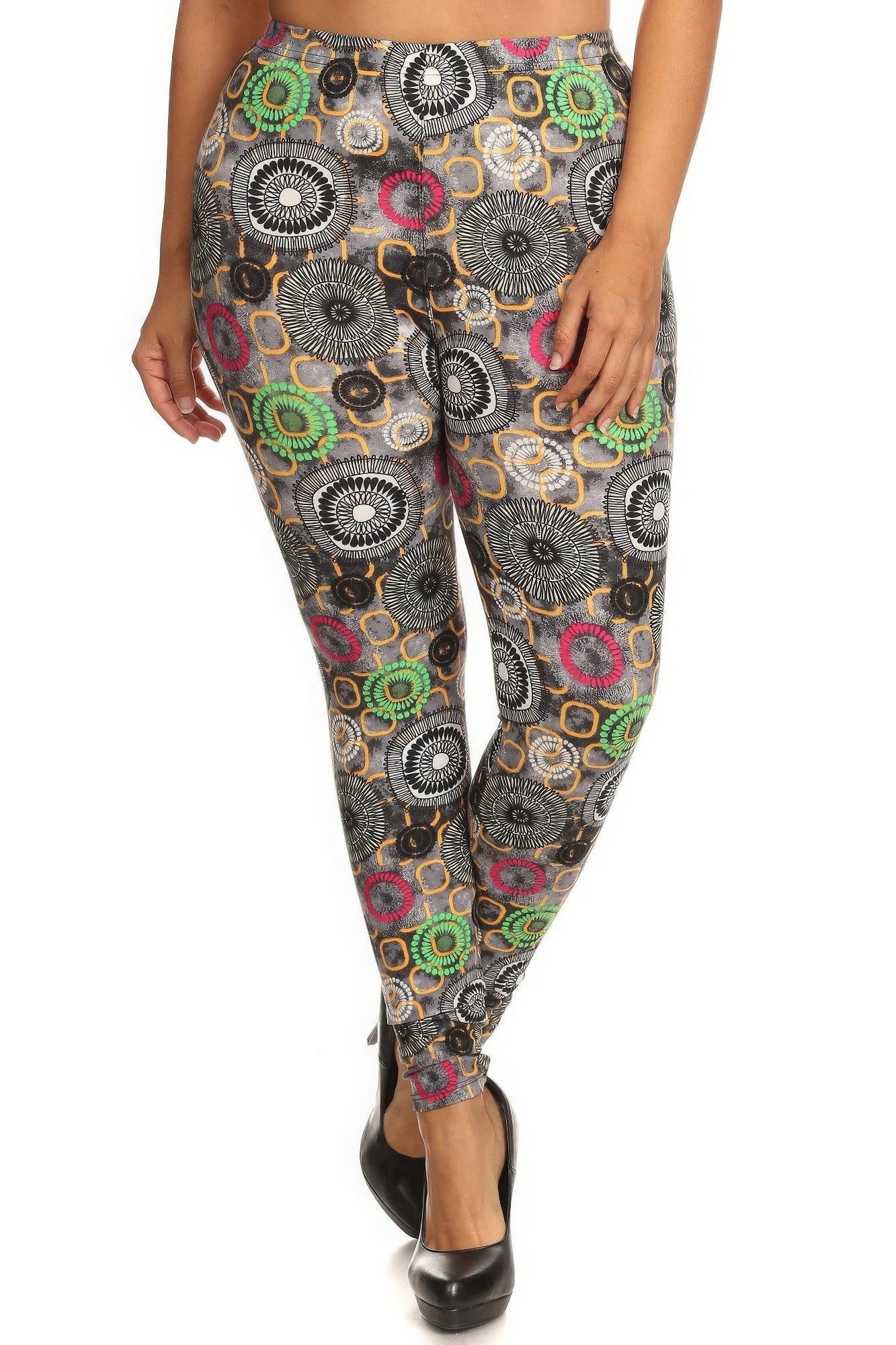 Plus Size Abstract Print, Full Length Leggings In A Slim Fitting Style With A Banded High Waist product image