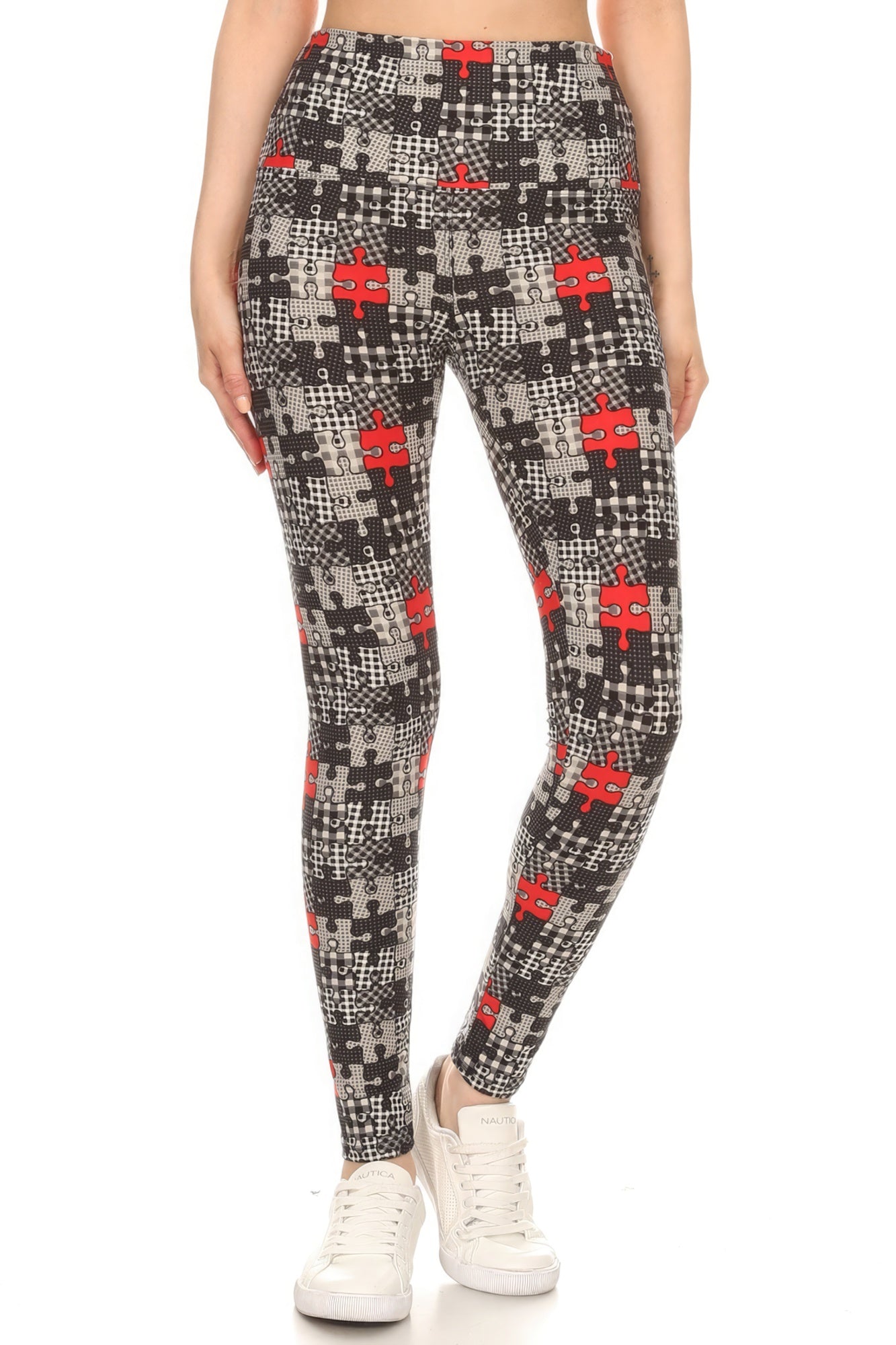 5-inch Long Yoga Style Banded Lined Puzzle Printed Knit Legging With High Waist product image