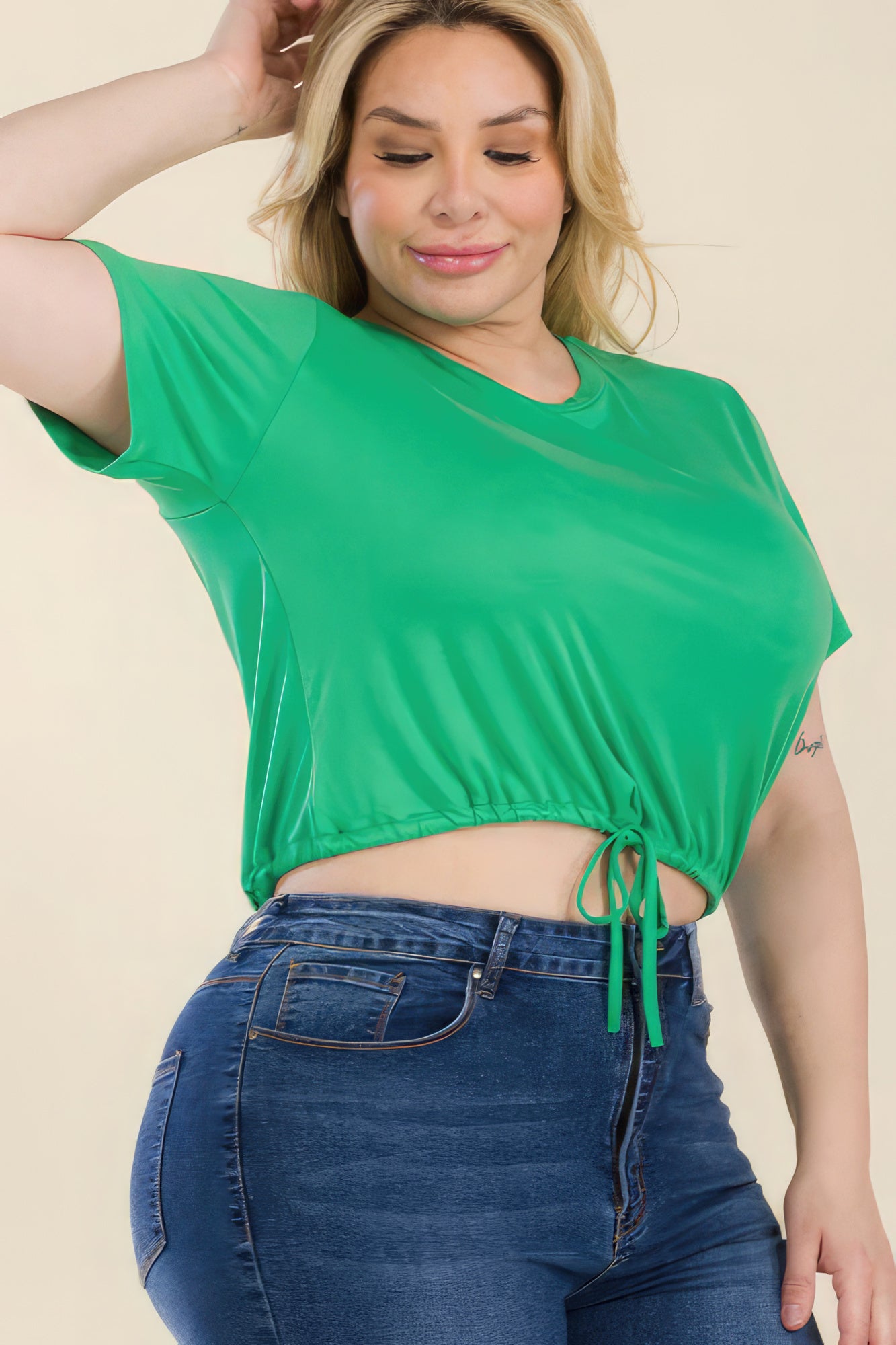 Plus Size Tie Front Drawstring Short Sleeve Crop Top product image