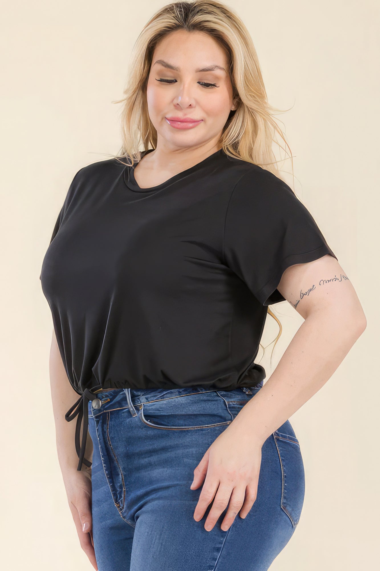 Plus Size Tie Front Drawstring Short Sleeve Crop Top product image