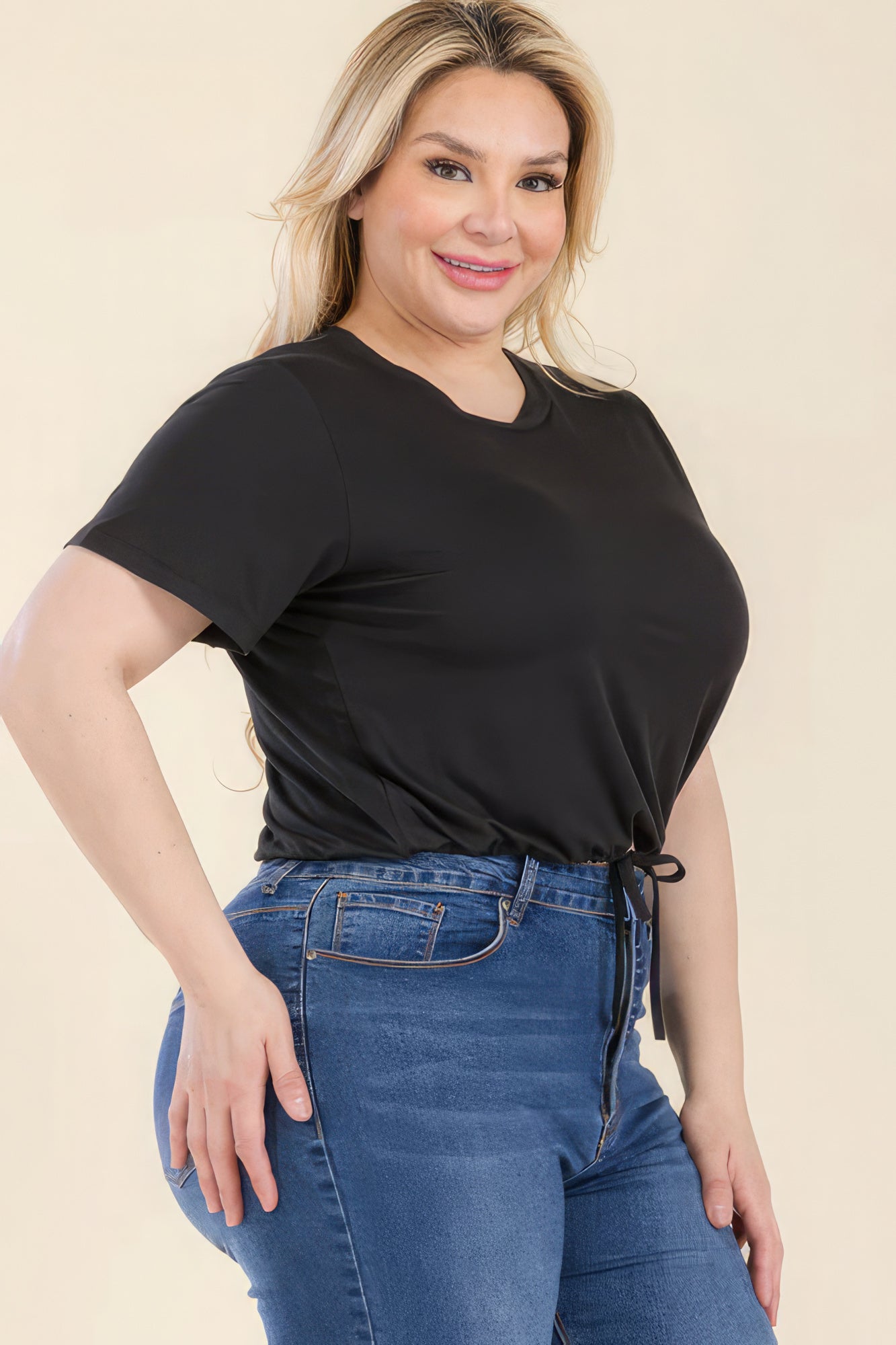 Plus Size Tie Front Drawstring Short Sleeve Crop Top product image