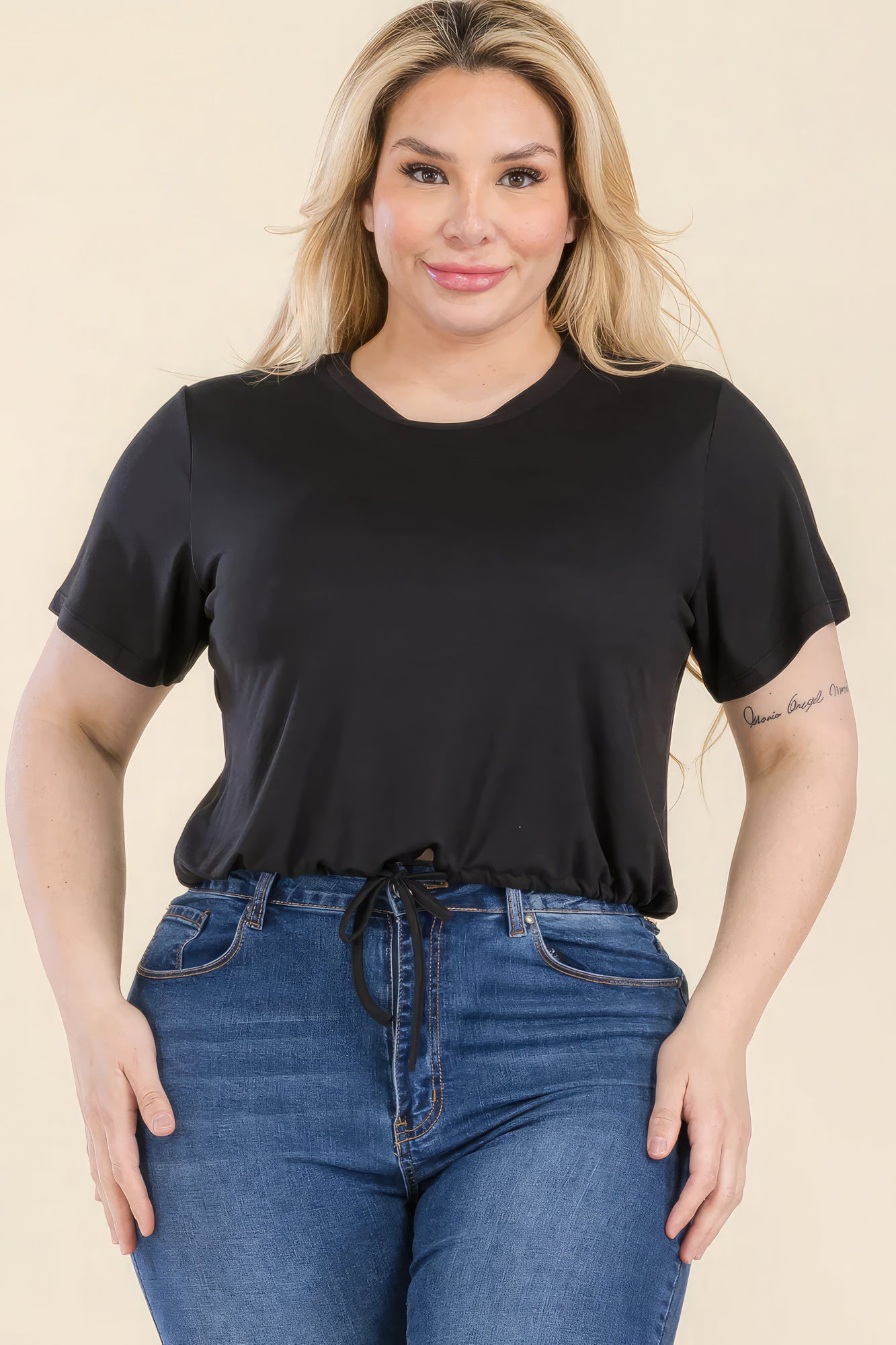 Plus Size Tie Front Drawstring Short Sleeve Crop Top product image