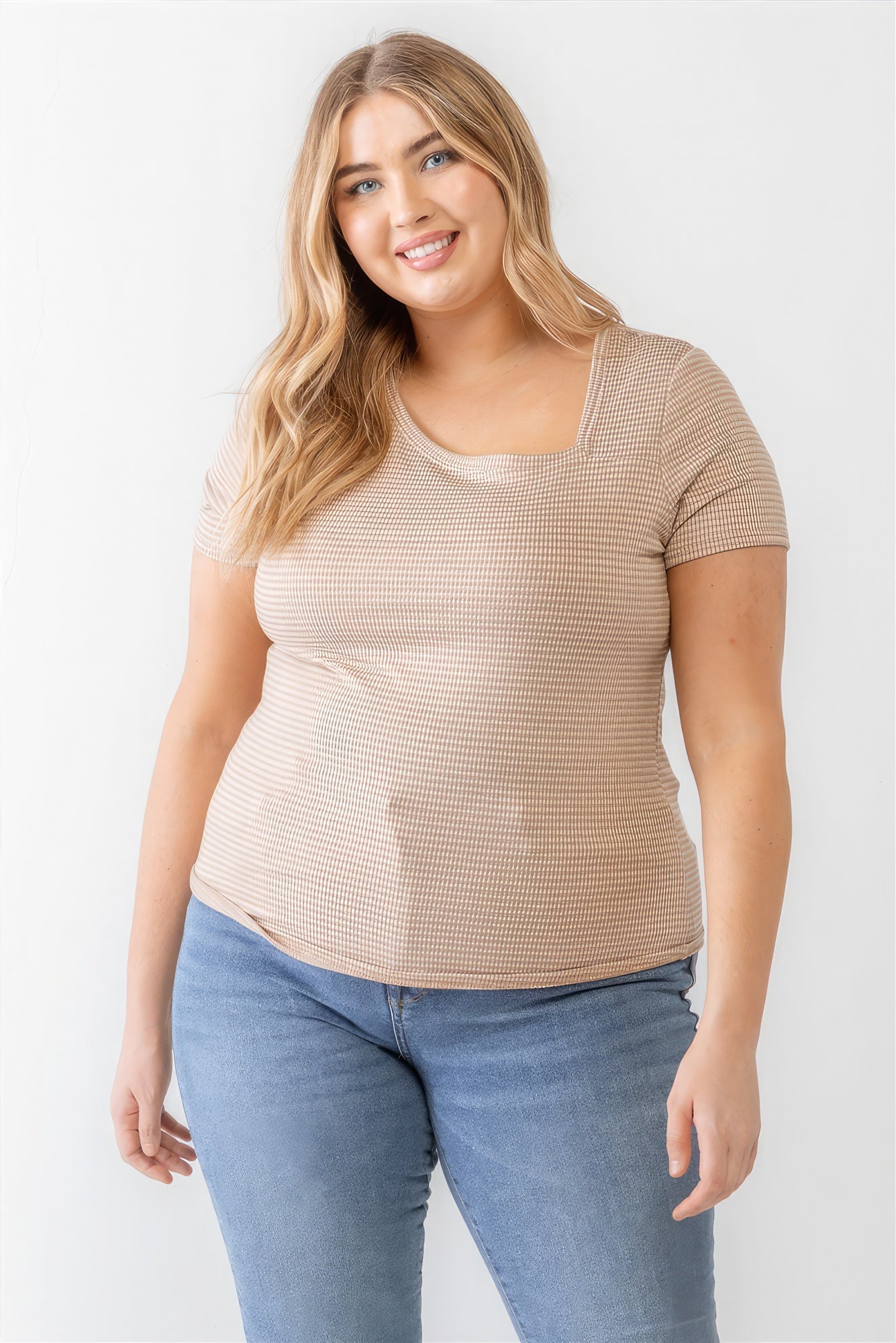 Plus Taupe Waffle Knit Angled Neck Short Sleeve Top product image