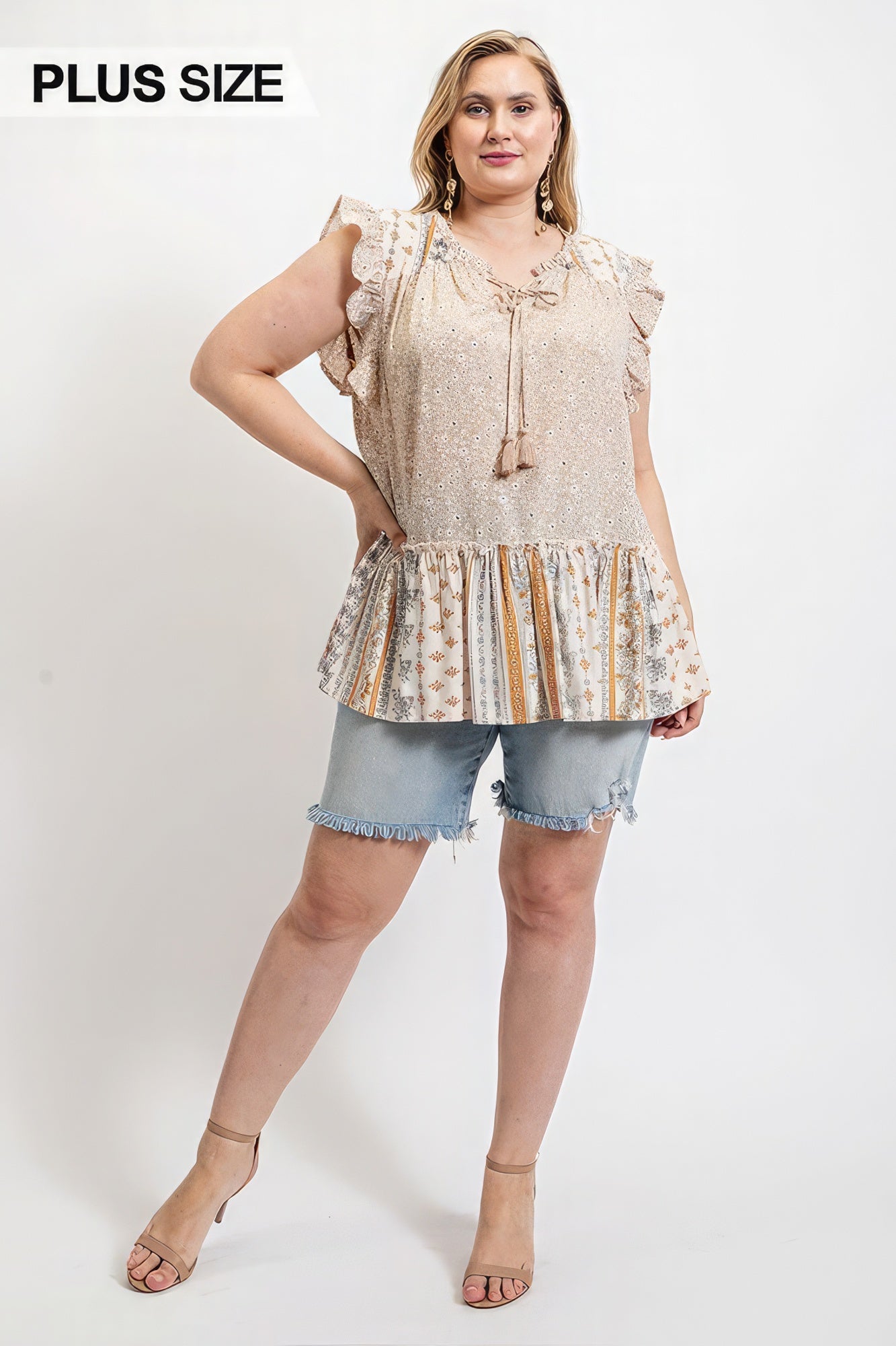 Woven Prints Mixed And Sleeveless Flutter Top With Tassel Tie product image