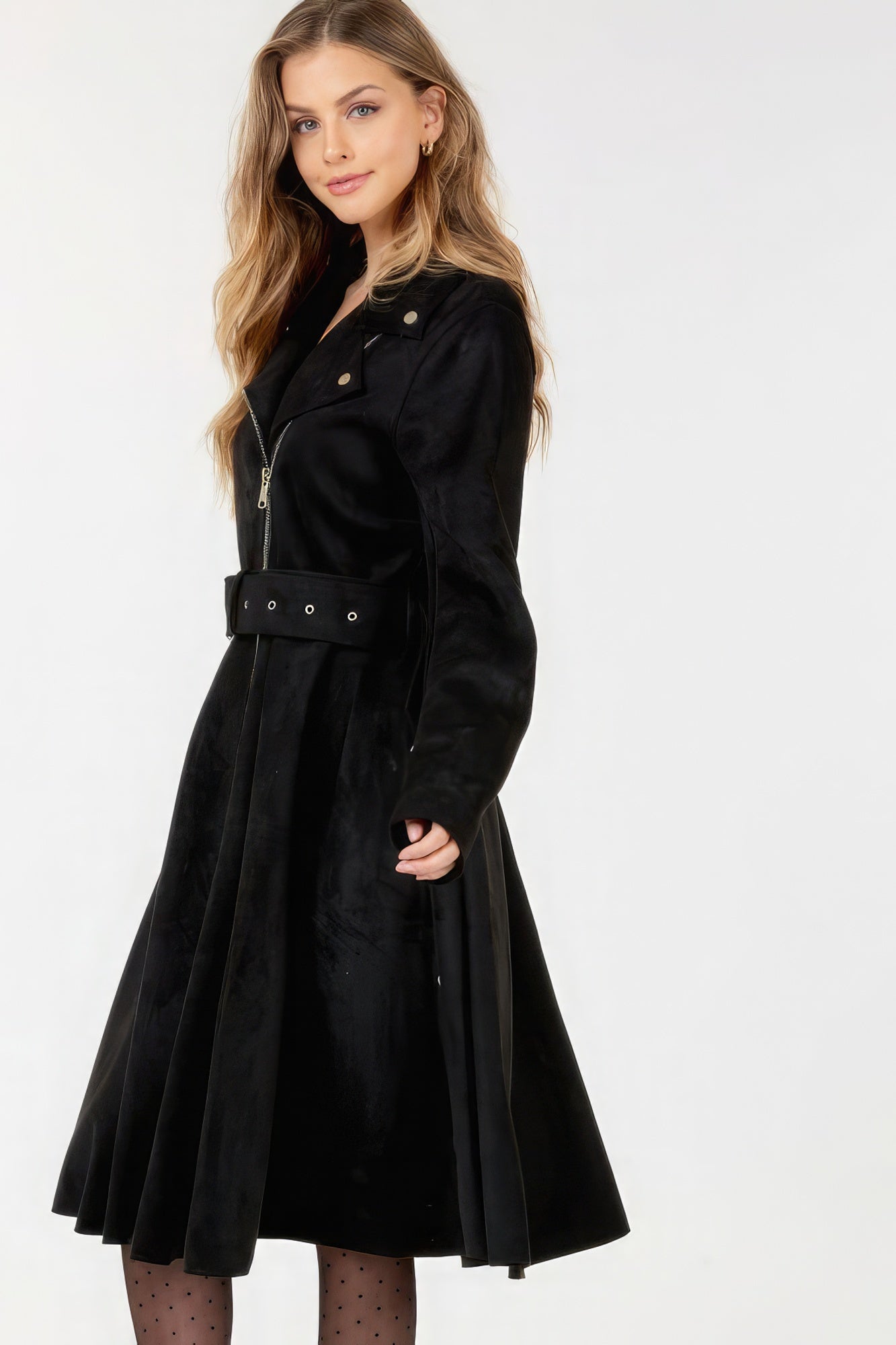 Waist Belt Tacked Faux Suede Coat Solid Coat product image
