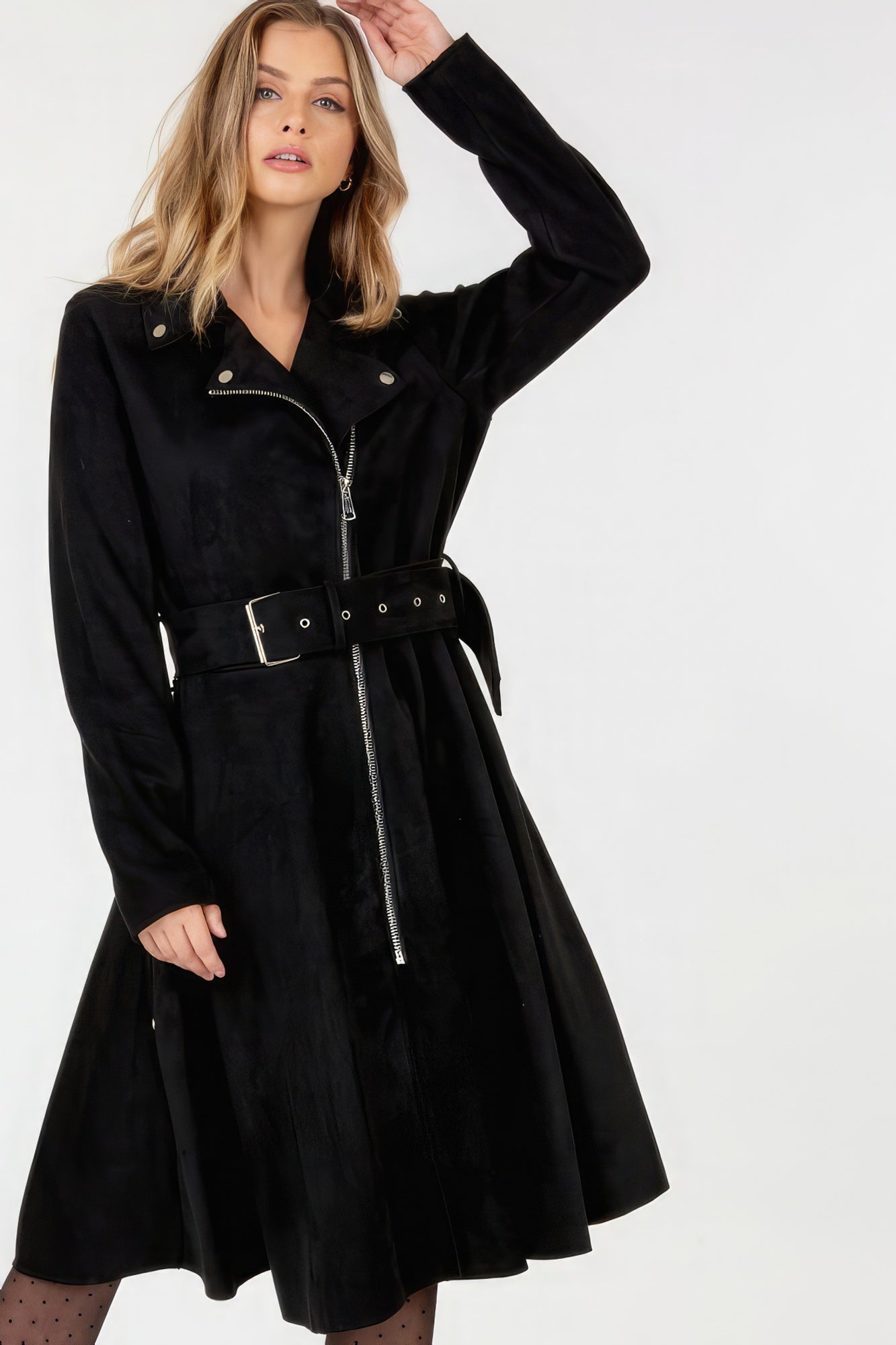 Waist Belt Tacked Faux Suede Coat Solid Coat product image