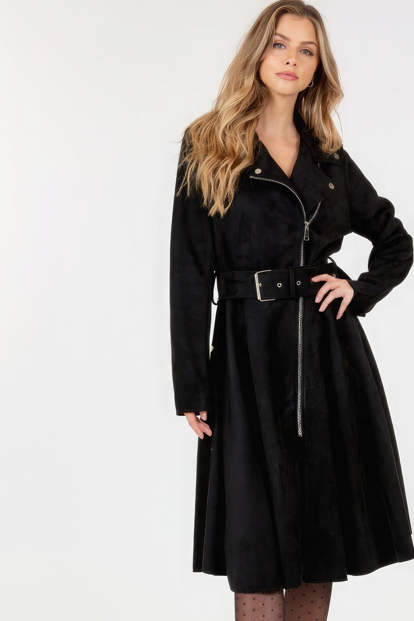 Waist Belt Tacked Faux Suede Coat Solid Coat product image