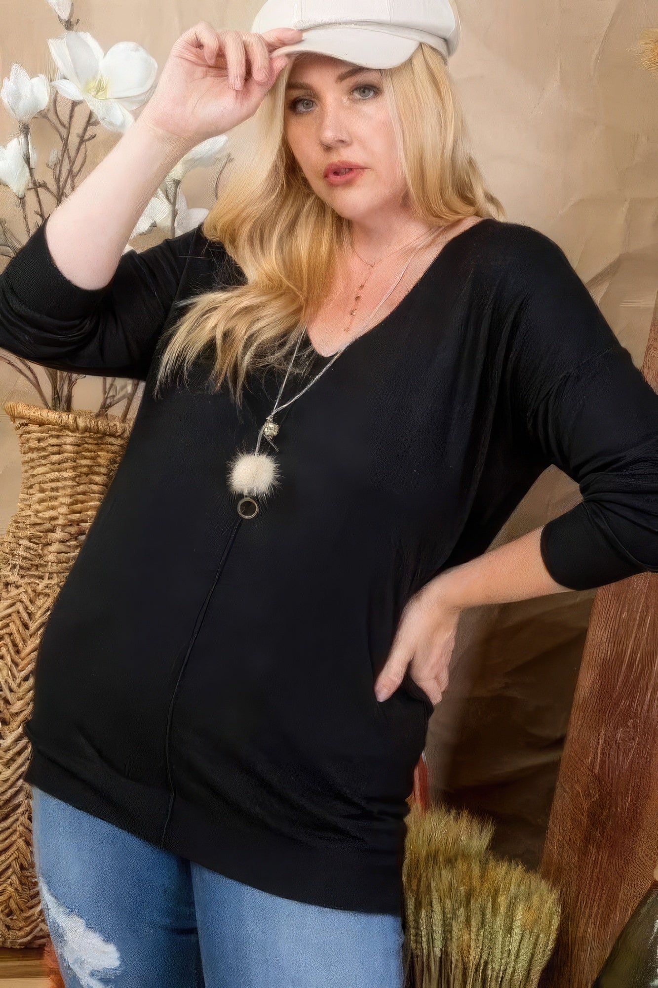 Plus Size V Neck 3/4 Sleeve Side Slit Hi-lo Sweater product image