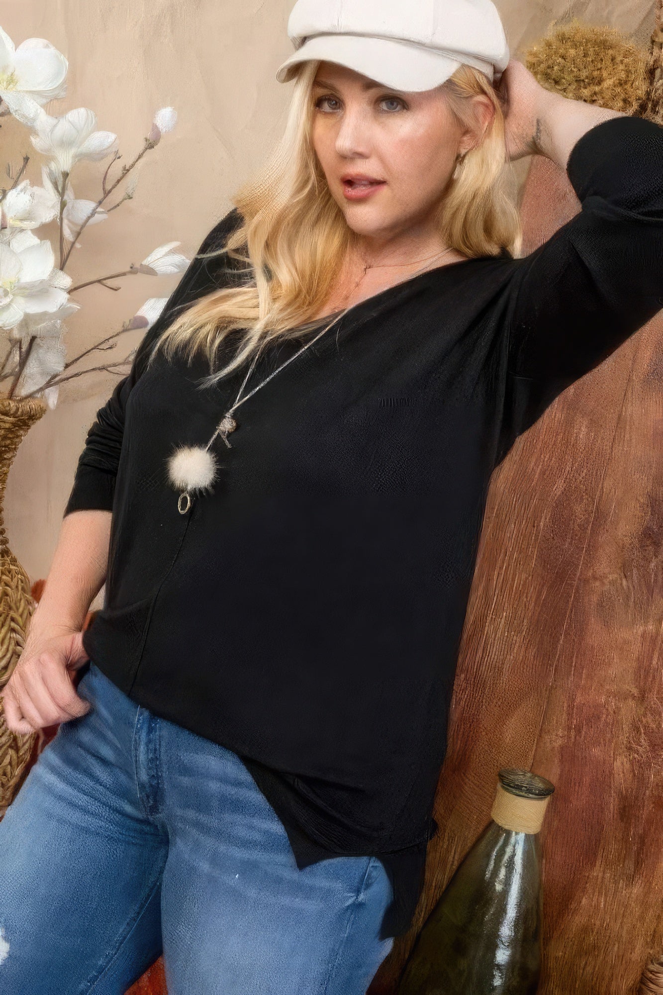 Plus Size V Neck 3/4 Sleeve Side Slit Hi-lo Sweater product image