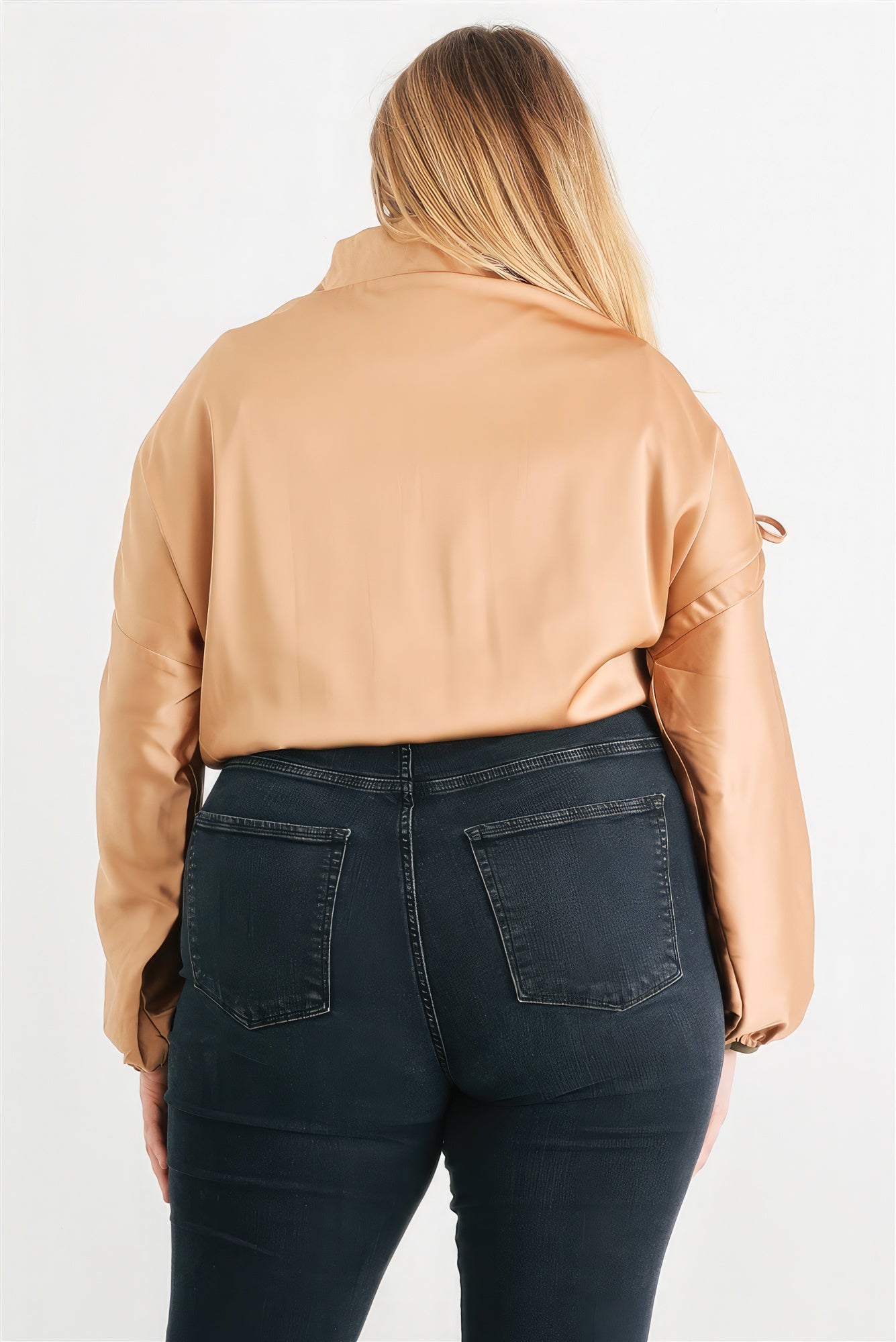 Plus Satin Zip-up Ruched Long Sleeve Cropped Bomber Jacket product image