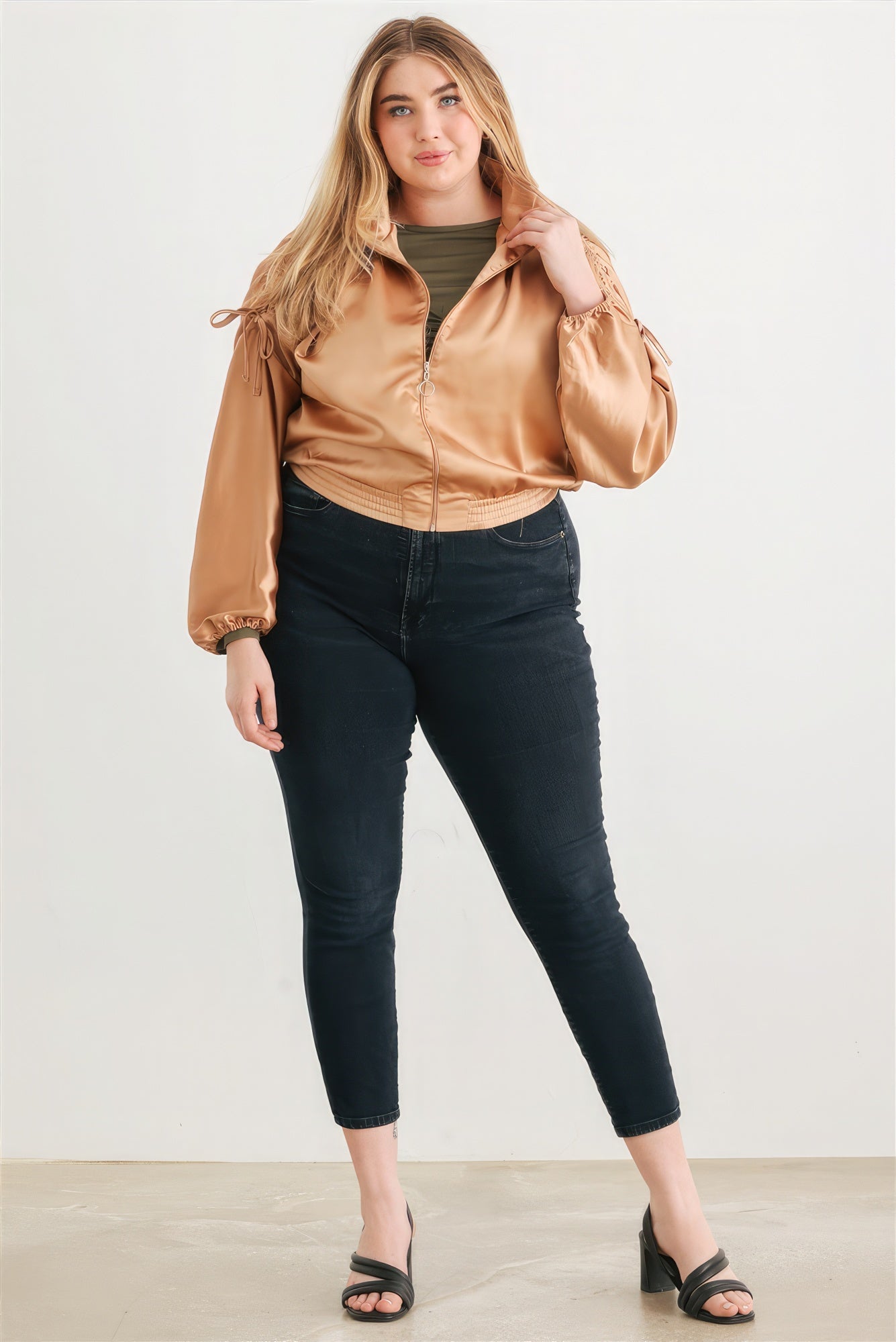 Plus Satin Zip-up Ruched Long Sleeve Cropped Bomber Jacket product image