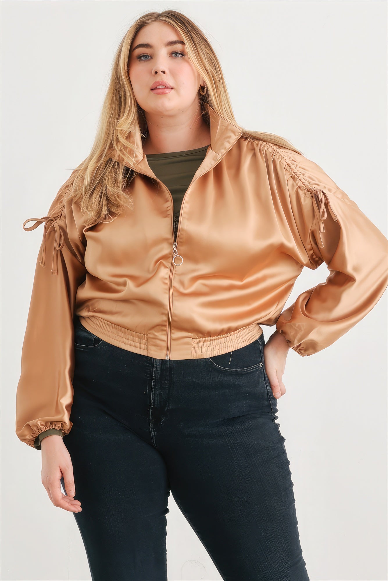 Plus Satin Zip-up Ruched Long Sleeve Cropped Bomber Jacket product image