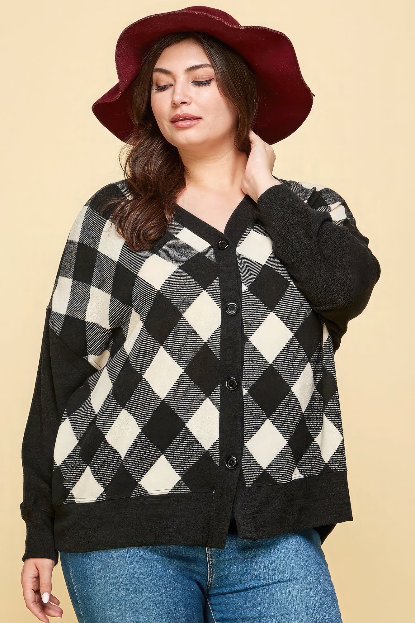 Plus Size Buffalo Plaid Knit Button Up Oversize Cardigan product image