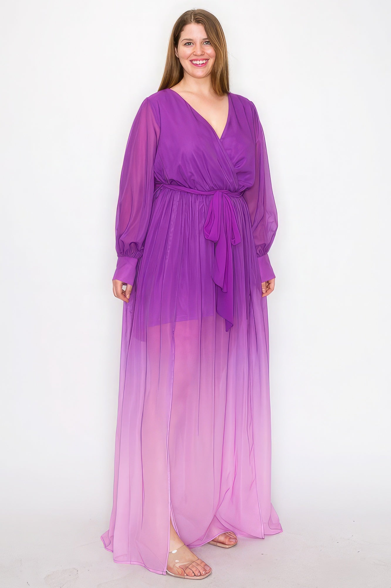 Ombre Chiffon Wrap Front Long Sleeve Tie Waist Slit Front Maxi Dress product image