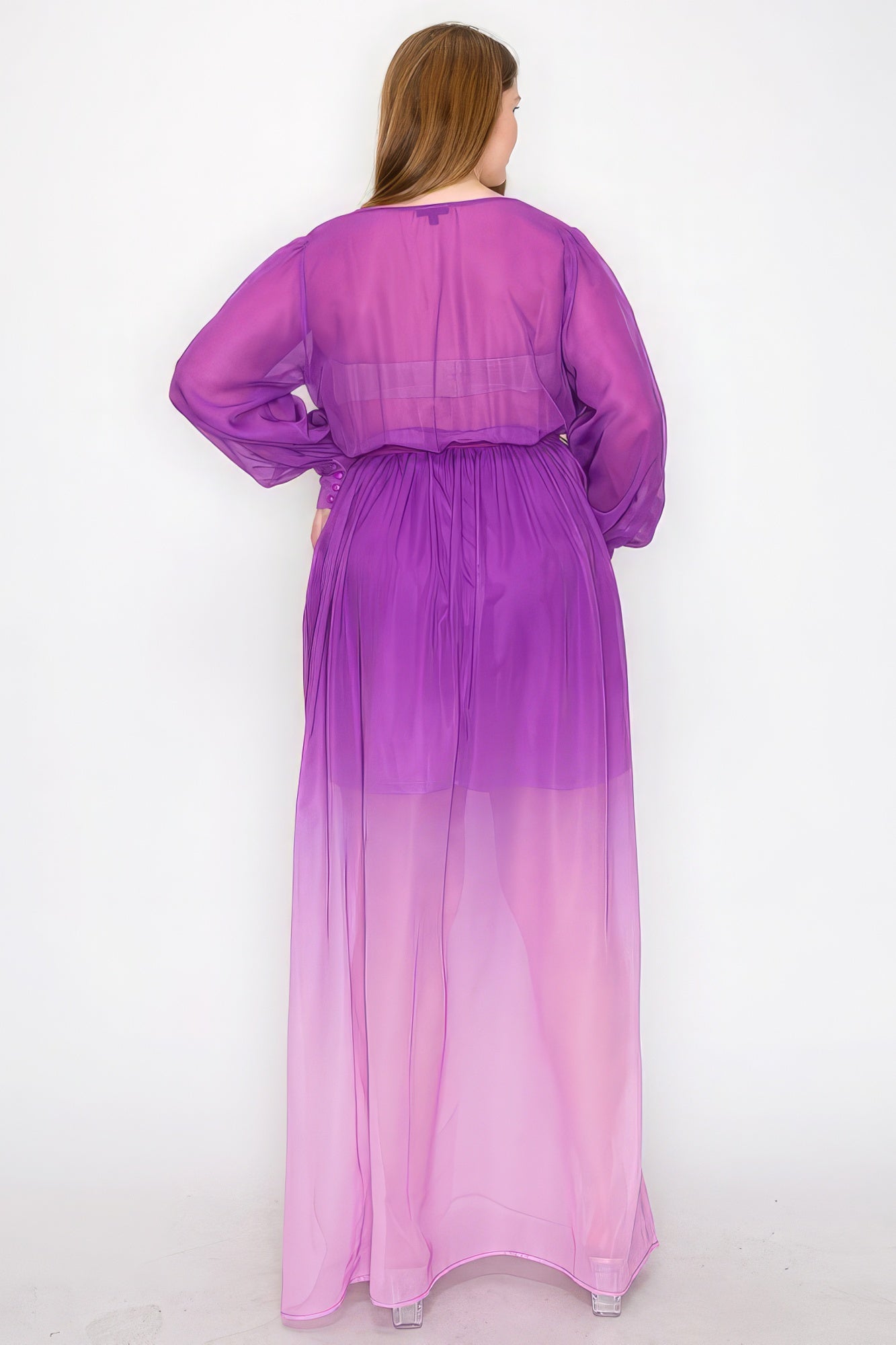 Ombre Chiffon Wrap Front Long Sleeve Tie Waist Slit Front Maxi Dress product image