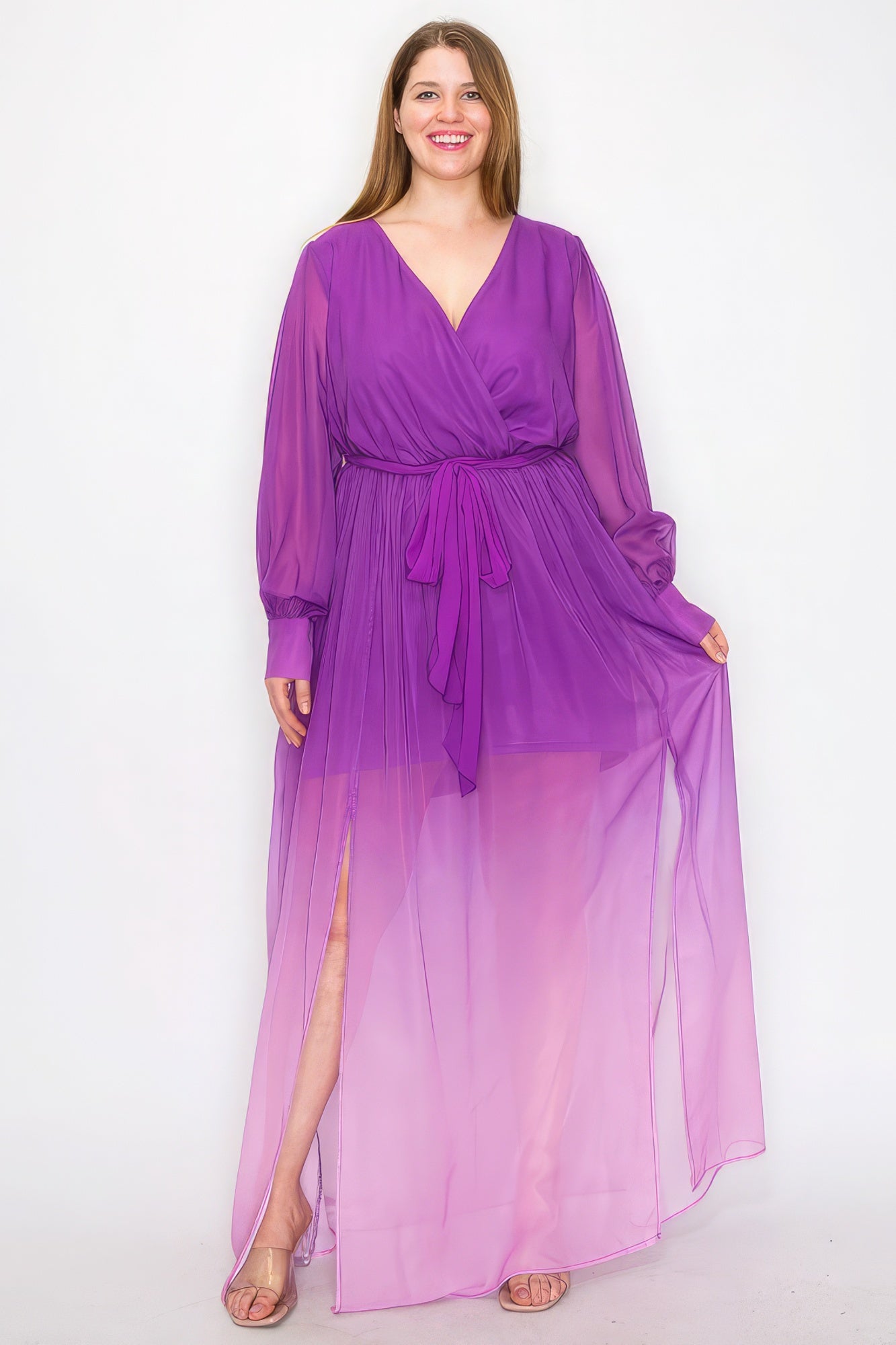 Ombre Chiffon Wrap Front Long Sleeve Tie Waist Slit Front Maxi Dress product image