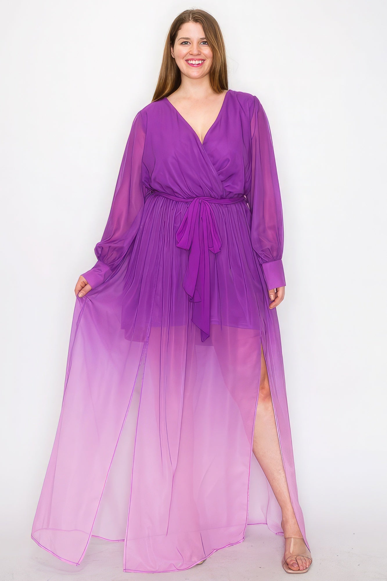 Ombre Chiffon Wrap Front Long Sleeve Tie Waist Slit Front Maxi Dress product image