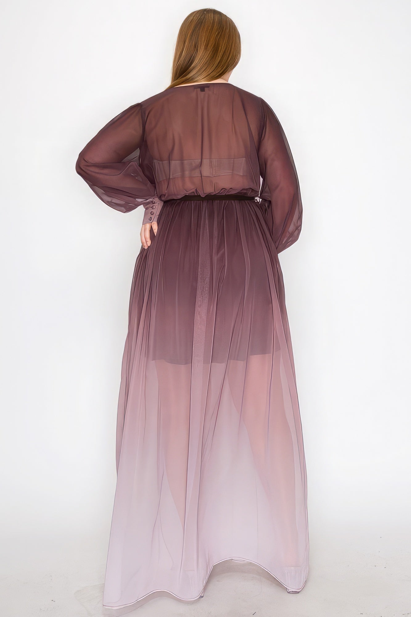Ombre Chiffon Wrap Front Long Sleeve Tie Waist Slit Front Maxi Dress product image
