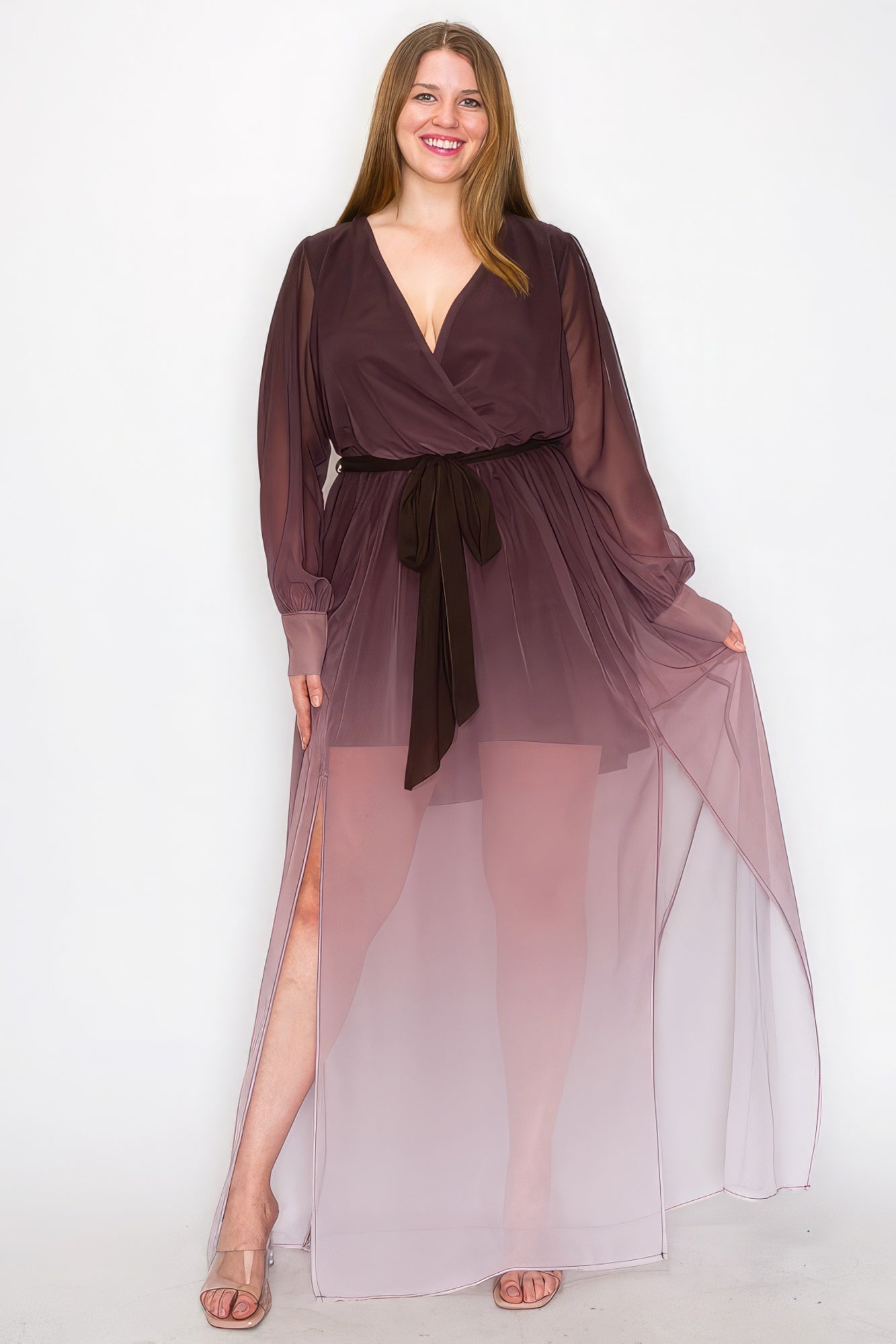Ombre Chiffon Wrap Front Long Sleeve Tie Waist Slit Front Maxi Dress product image