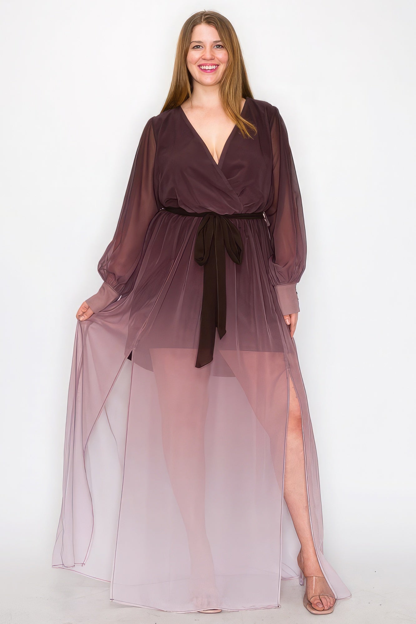 Ombre Chiffon Wrap Front Long Sleeve Tie Waist Slit Front Maxi Dress product image