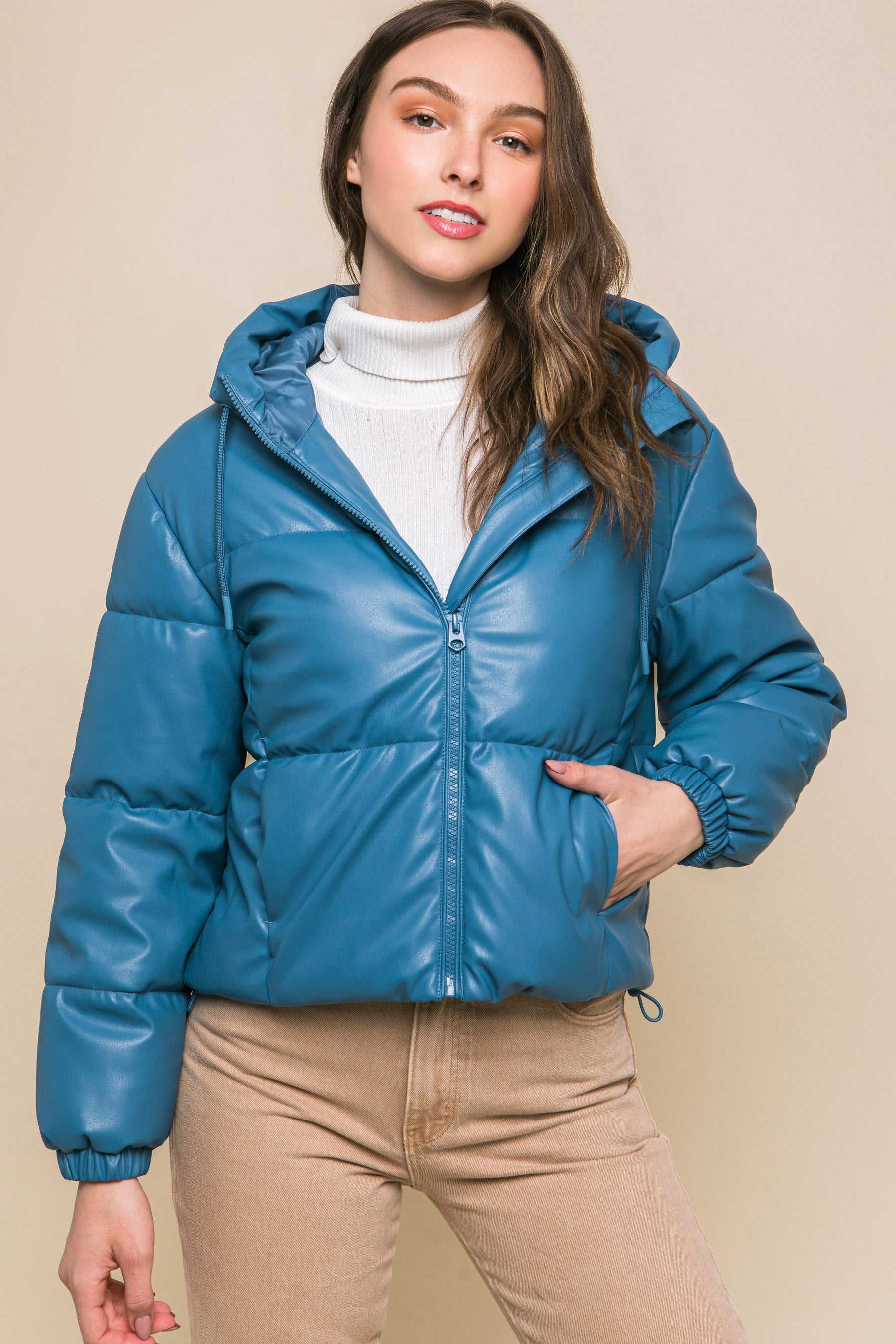 Pu Faux Leather Zipper Hooded Puffer Jacket product image