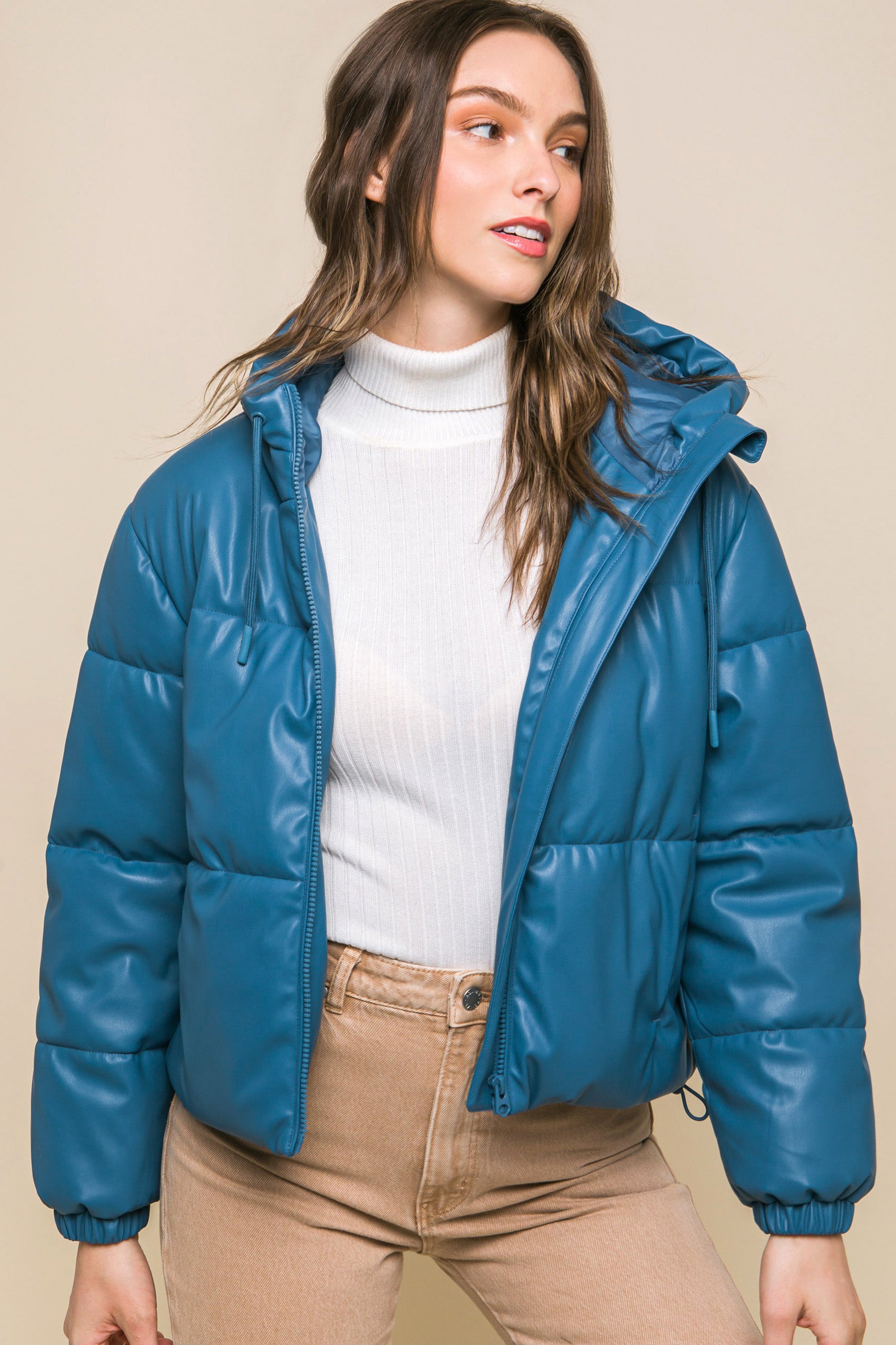 Pu Faux Leather Zipper Hooded Puffer Jacket product image