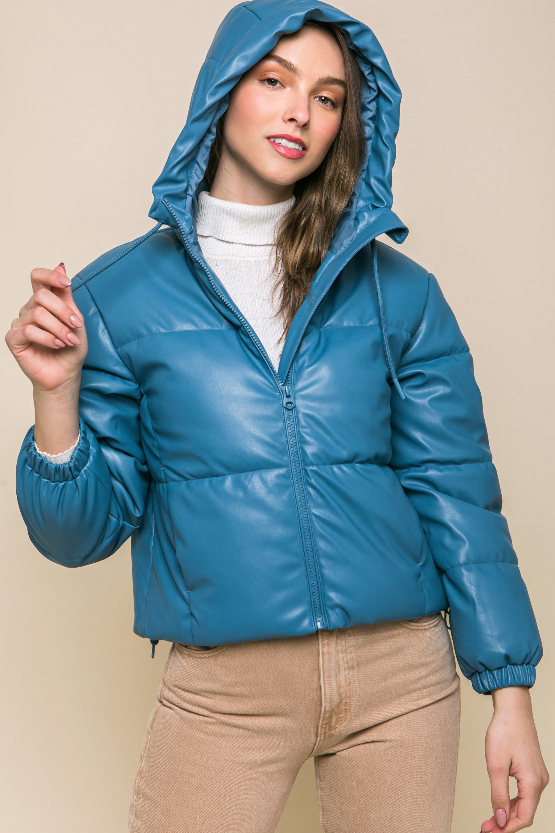Pu Faux Leather Zipper Hooded Puffer Jacket product image