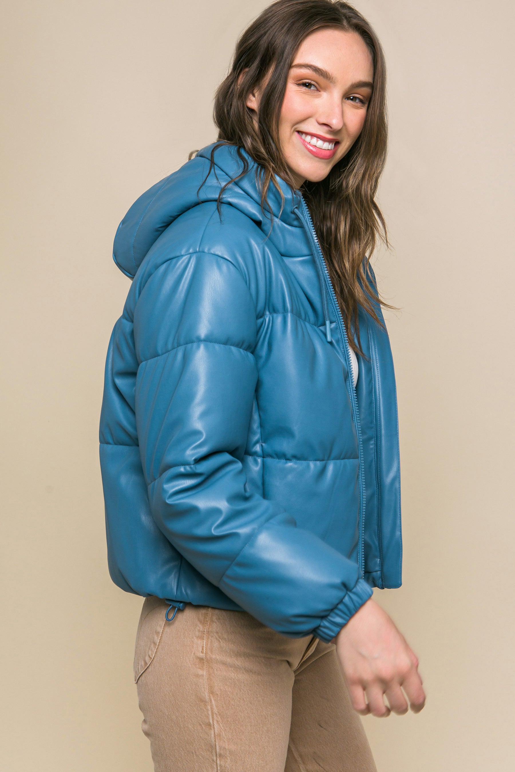 Pu Faux Leather Zipper Hooded Puffer Jacket product image