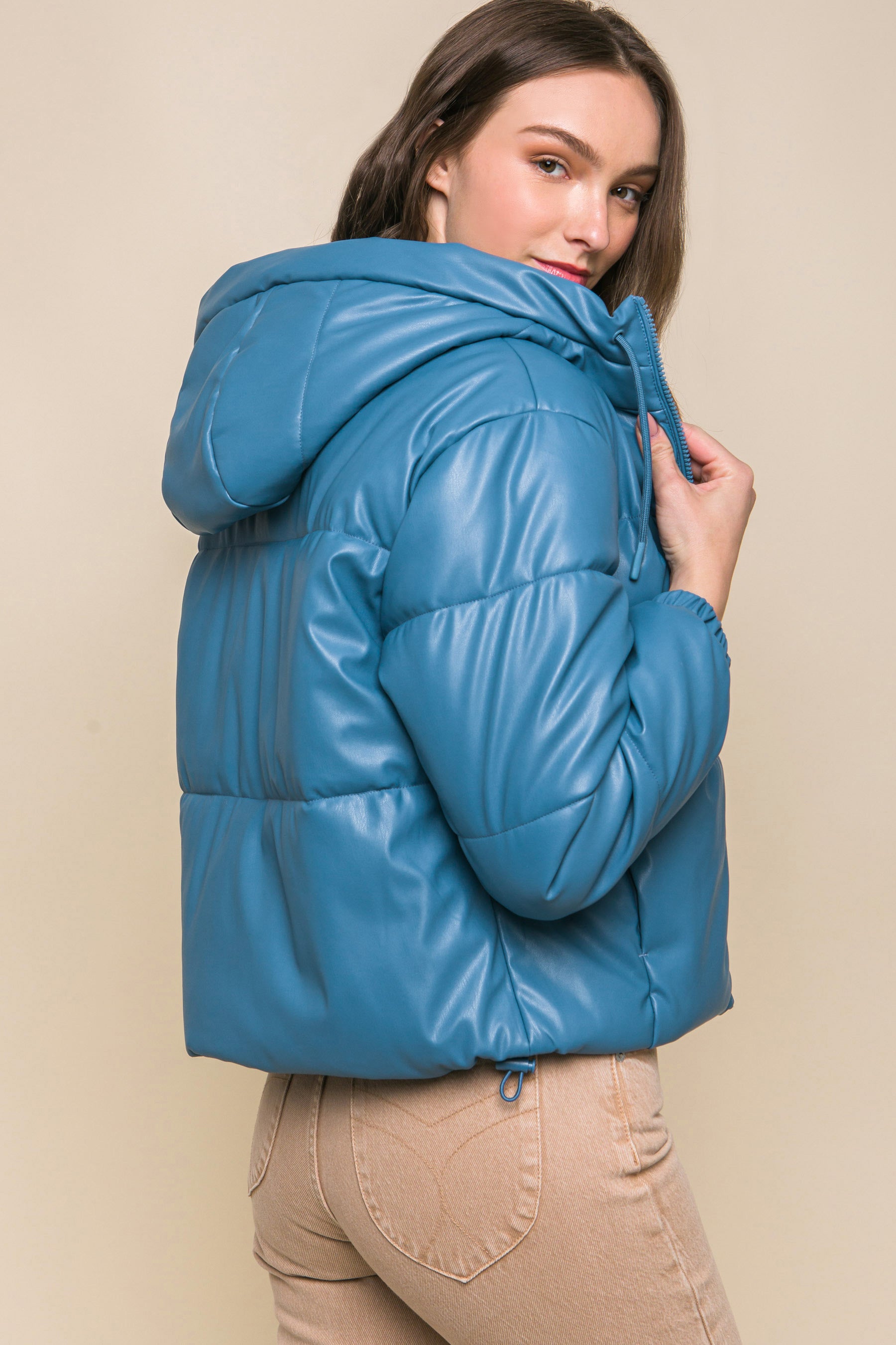 Pu Faux Leather Zipper Hooded Puffer Jacket product image