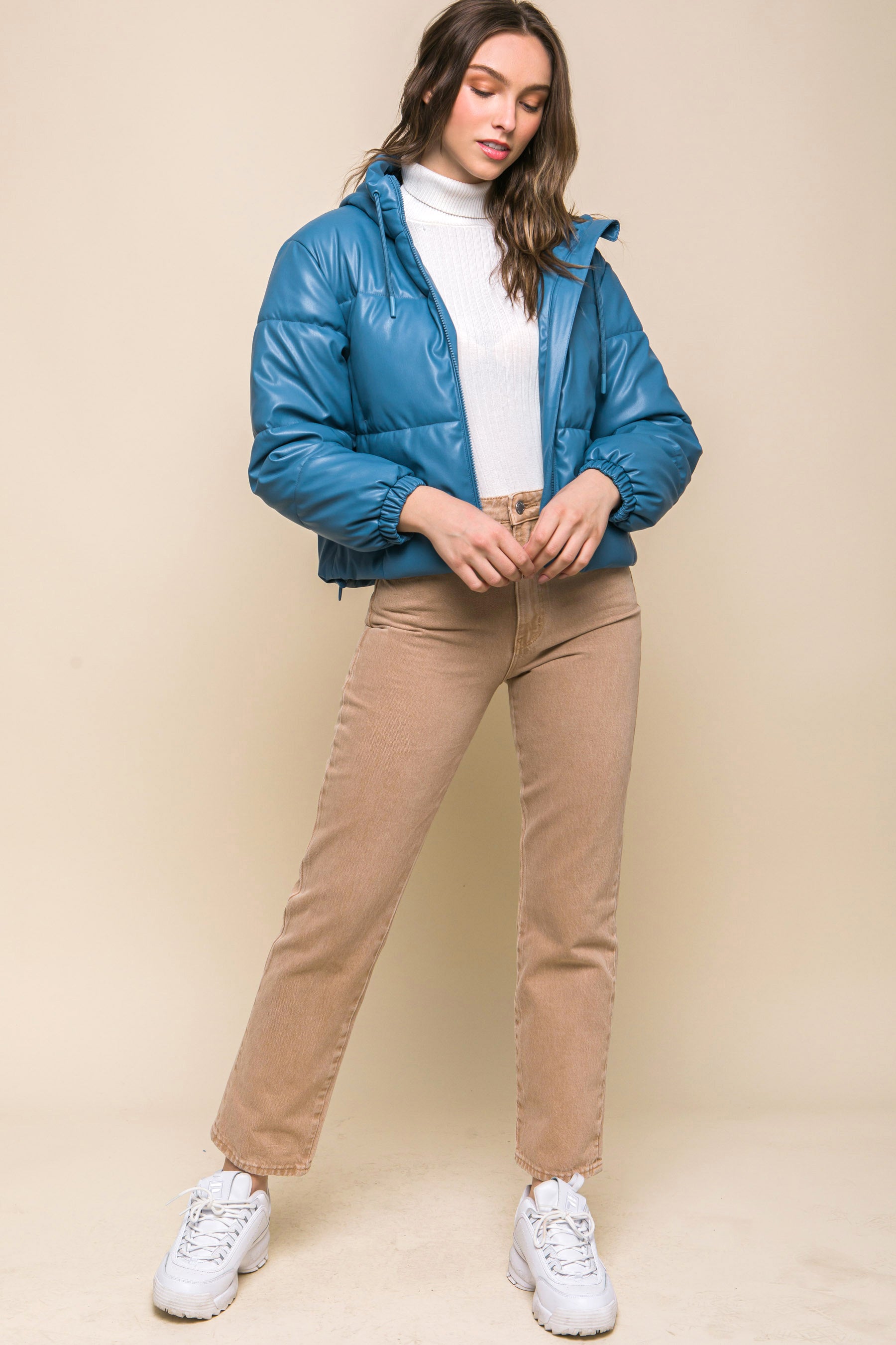 Pu Faux Leather Zipper Hooded Puffer Jacket product image