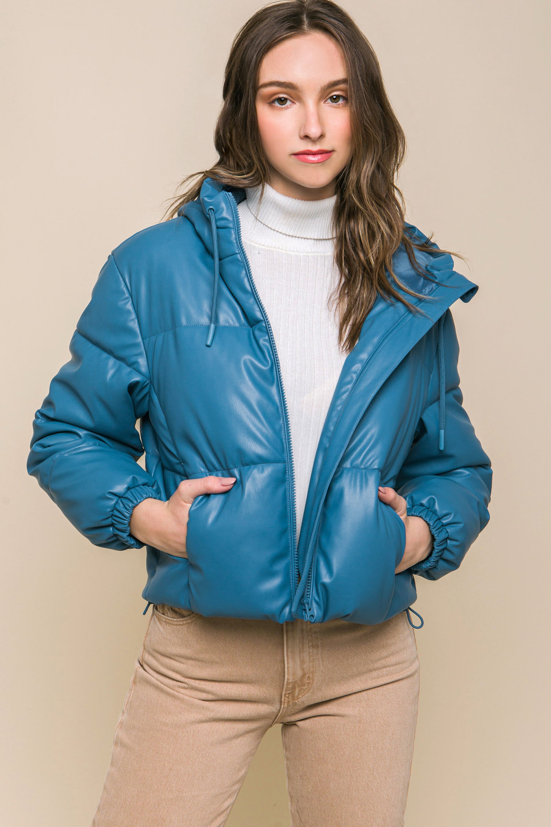 Pu Faux Leather Zipper Hooded Puffer Jacket product image