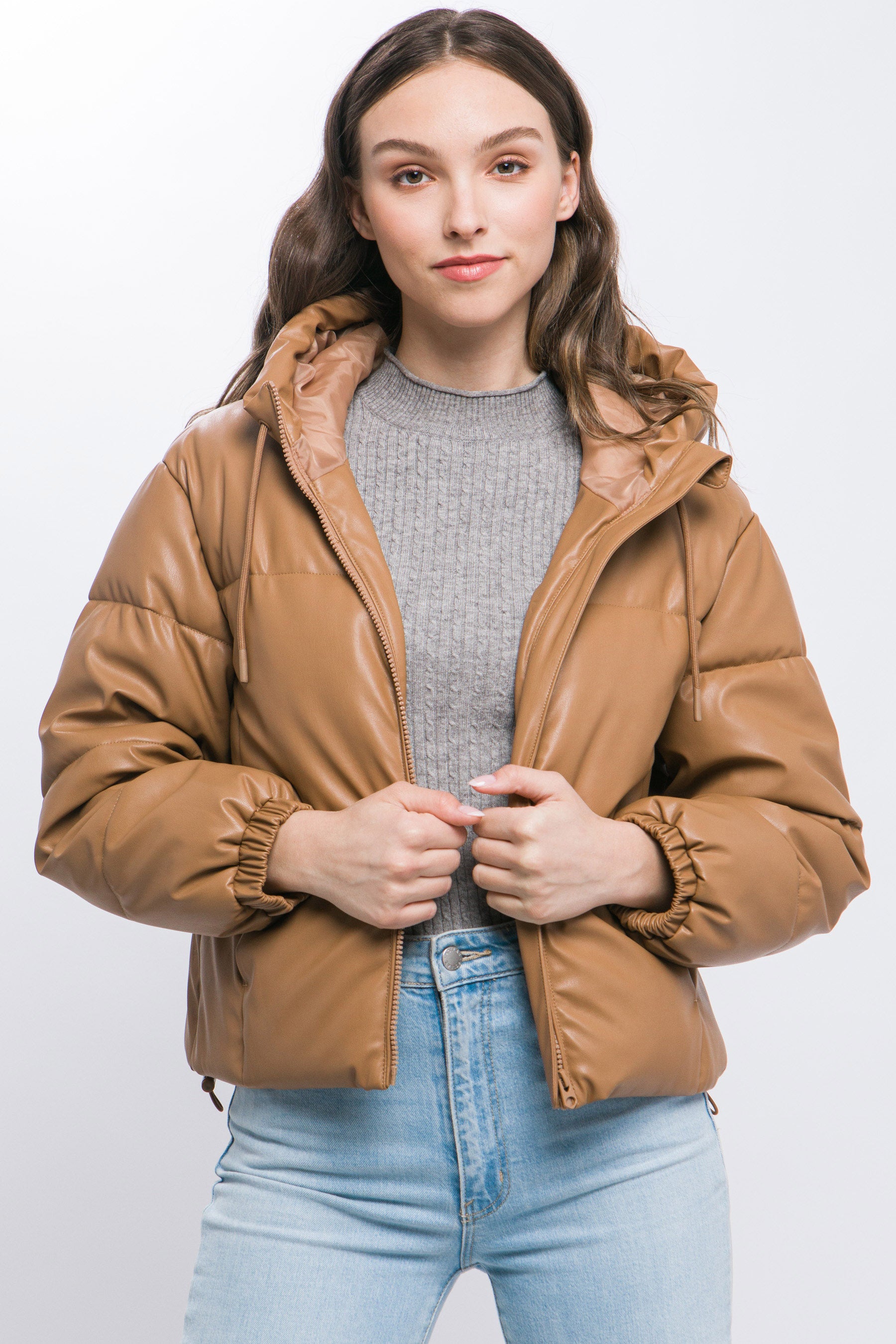 Pu Faux Leather Zipper Hooded Puffer Jacket product image