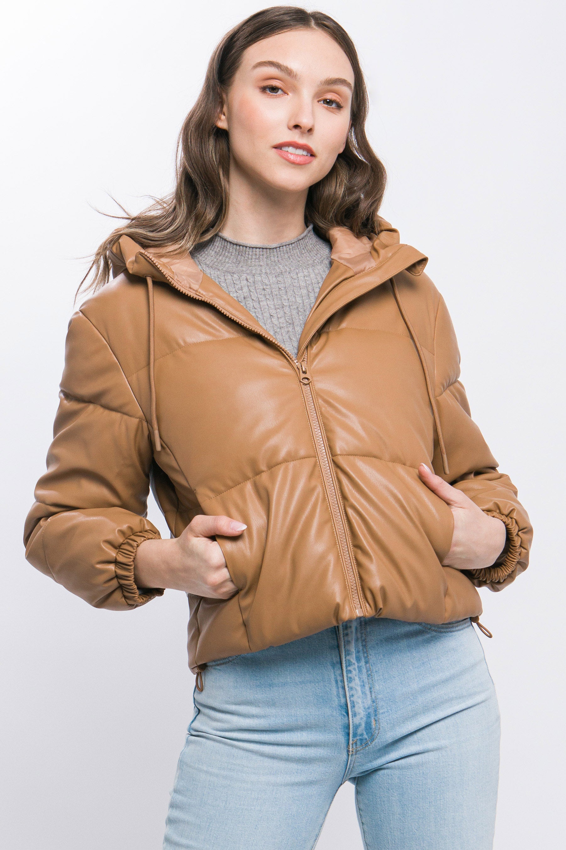 Pu Faux Leather Zipper Hooded Puffer Jacket product image