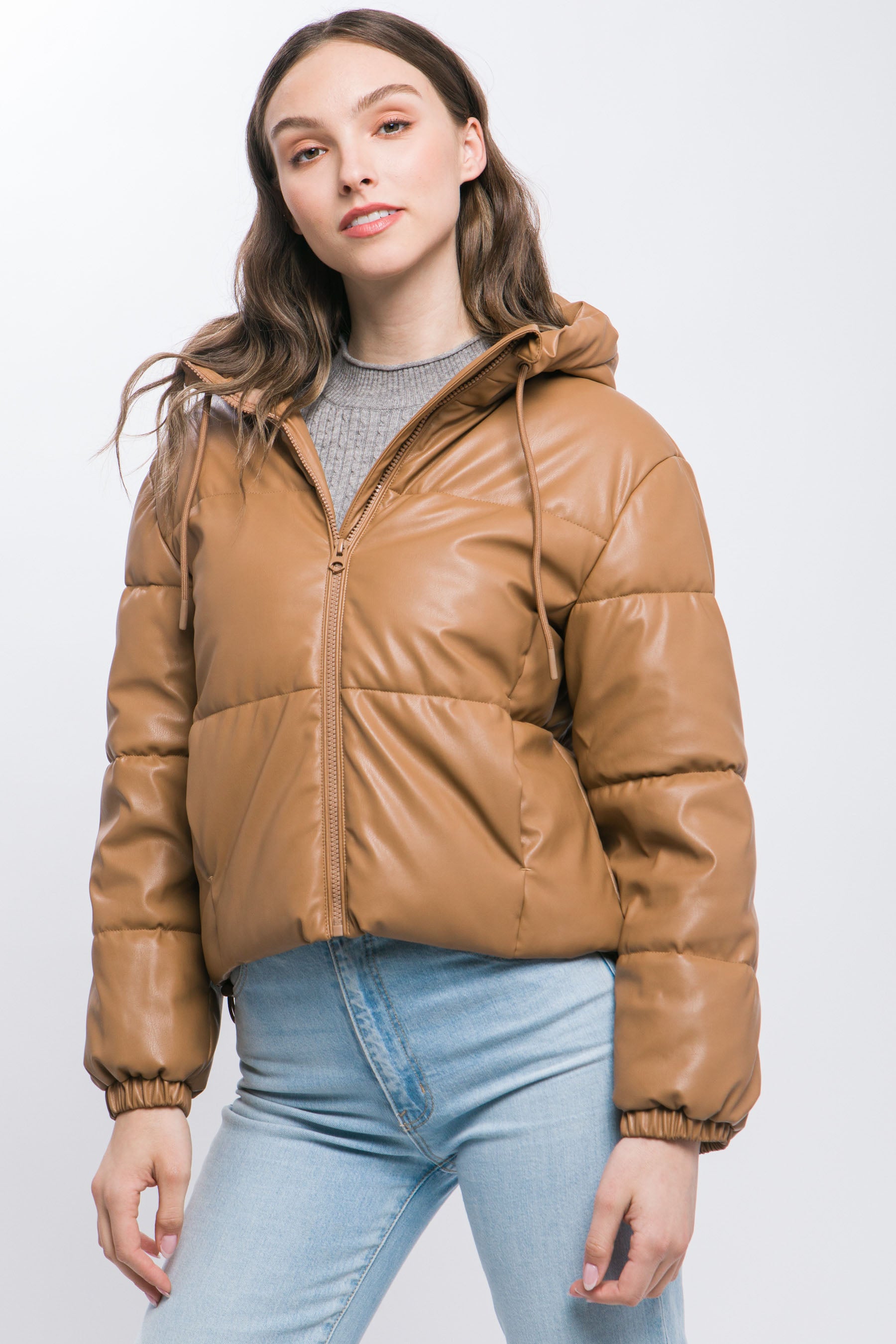 Pu Faux Leather Zipper Hooded Puffer Jacket product image