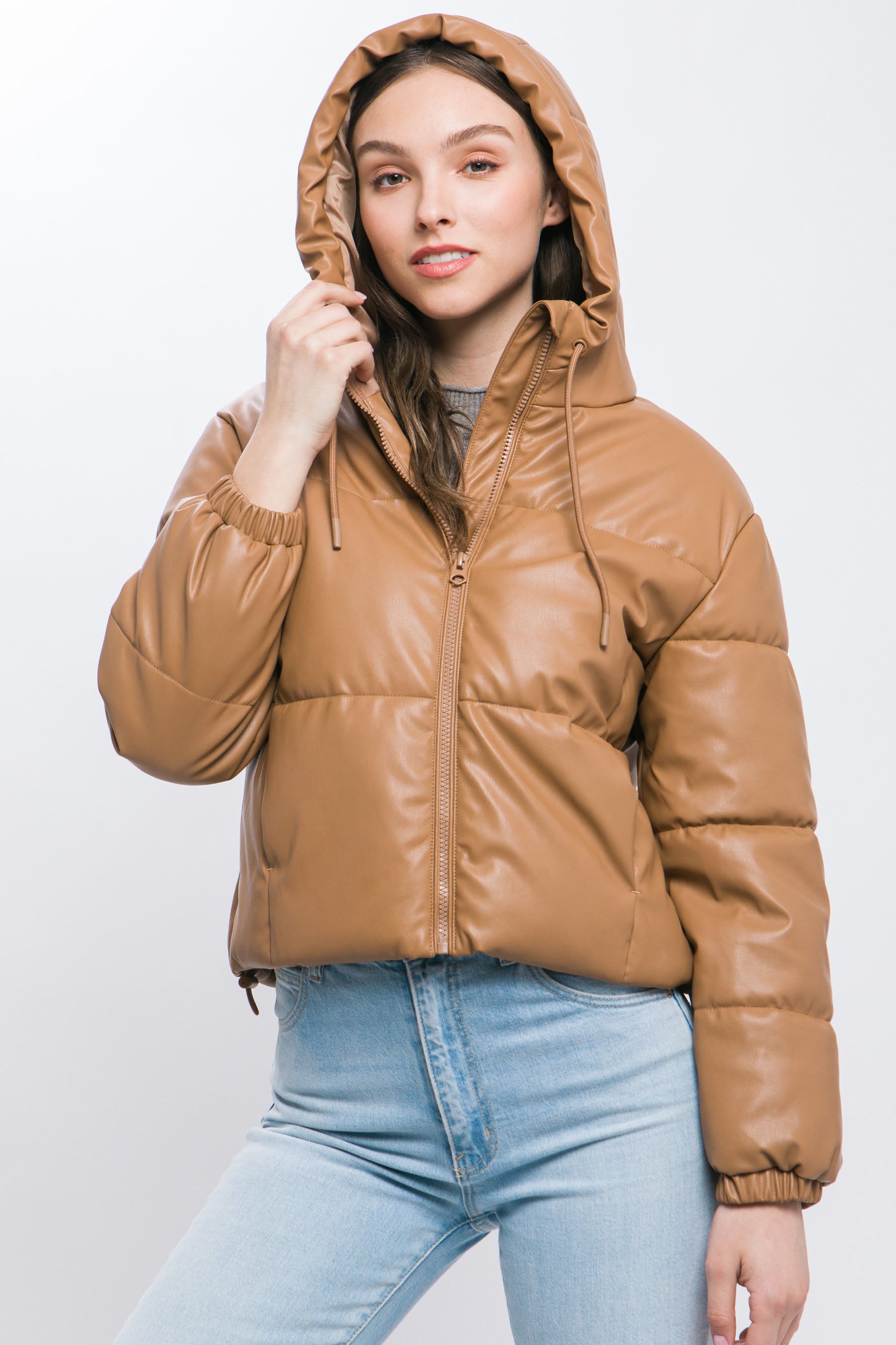Pu Faux Leather Zipper Hooded Puffer Jacket product image