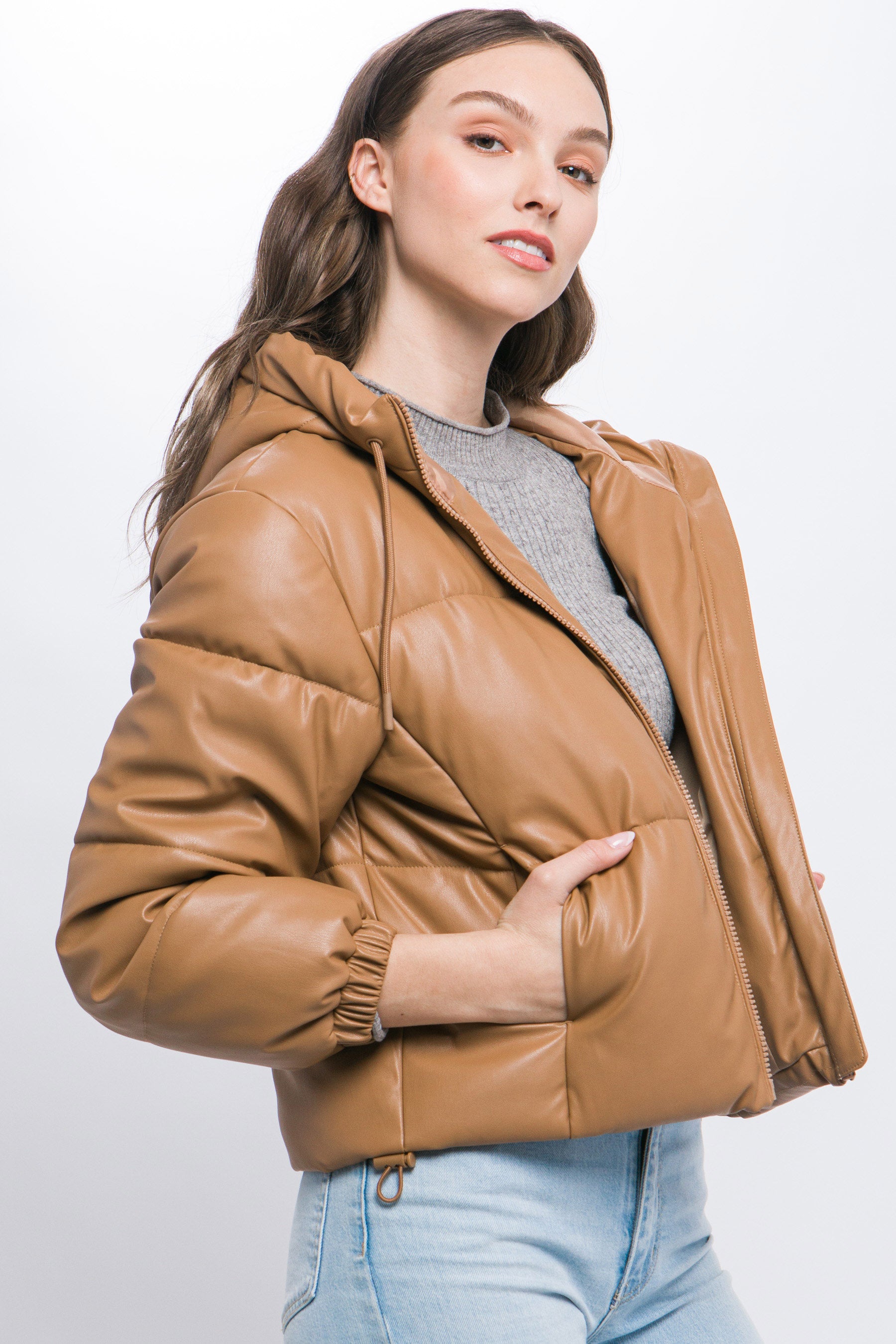 Pu Faux Leather Zipper Hooded Puffer Jacket product image