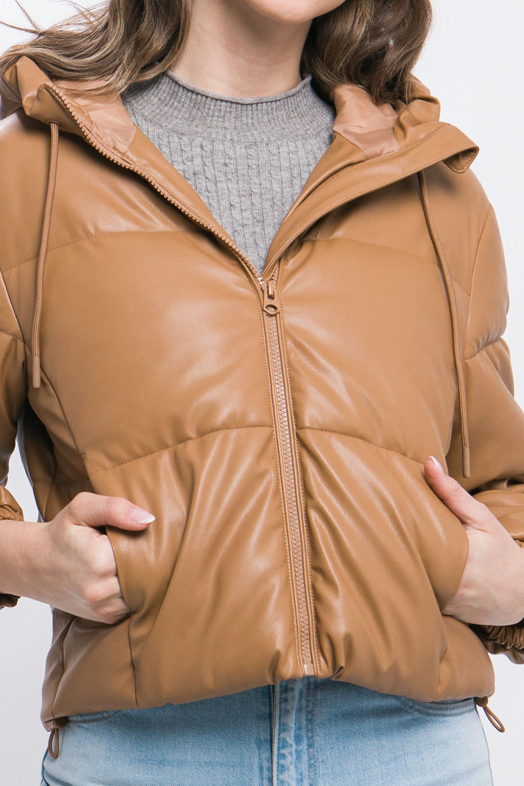 Pu Faux Leather Zipper Hooded Puffer Jacket product image