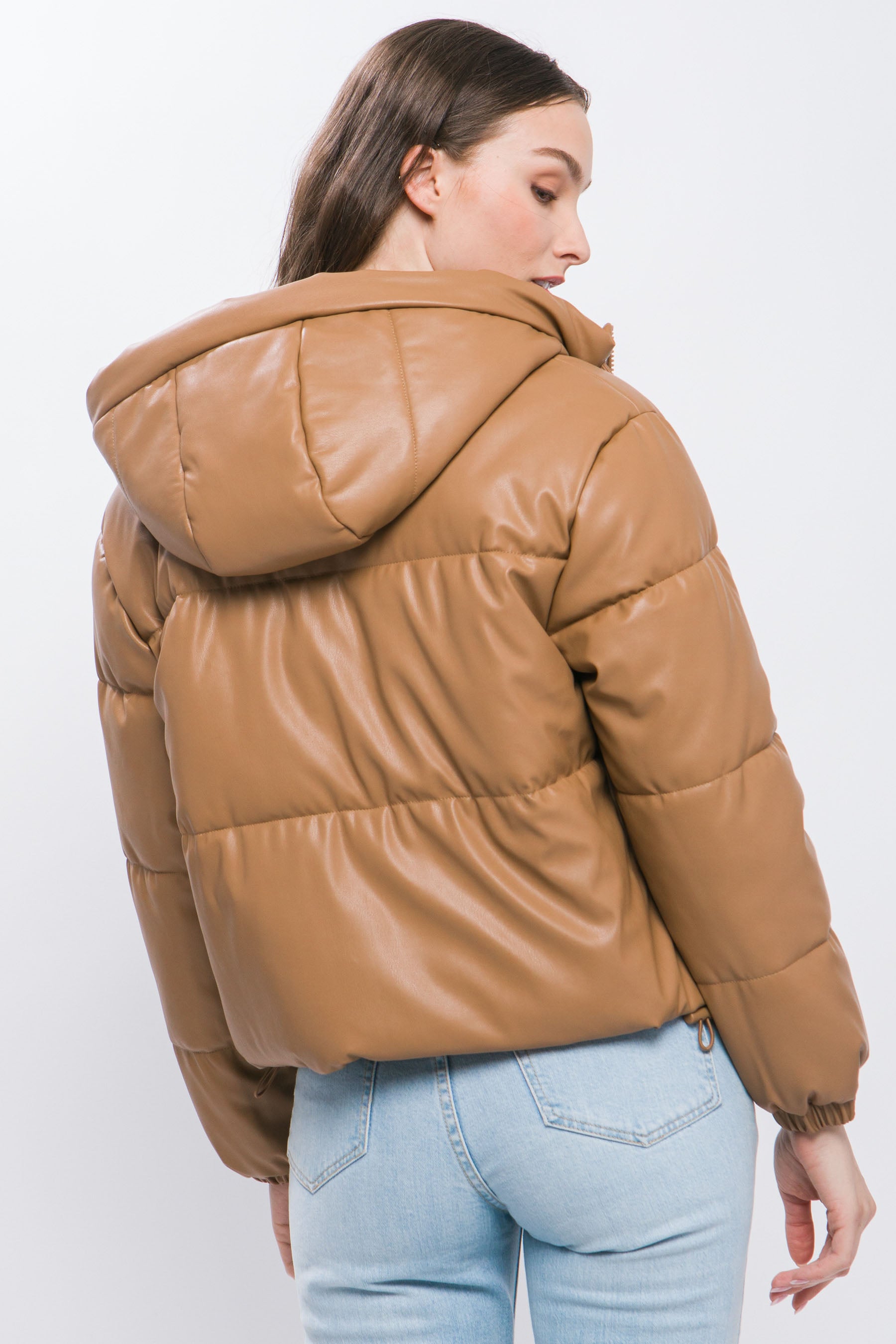 Pu Faux Leather Zipper Hooded Puffer Jacket product image