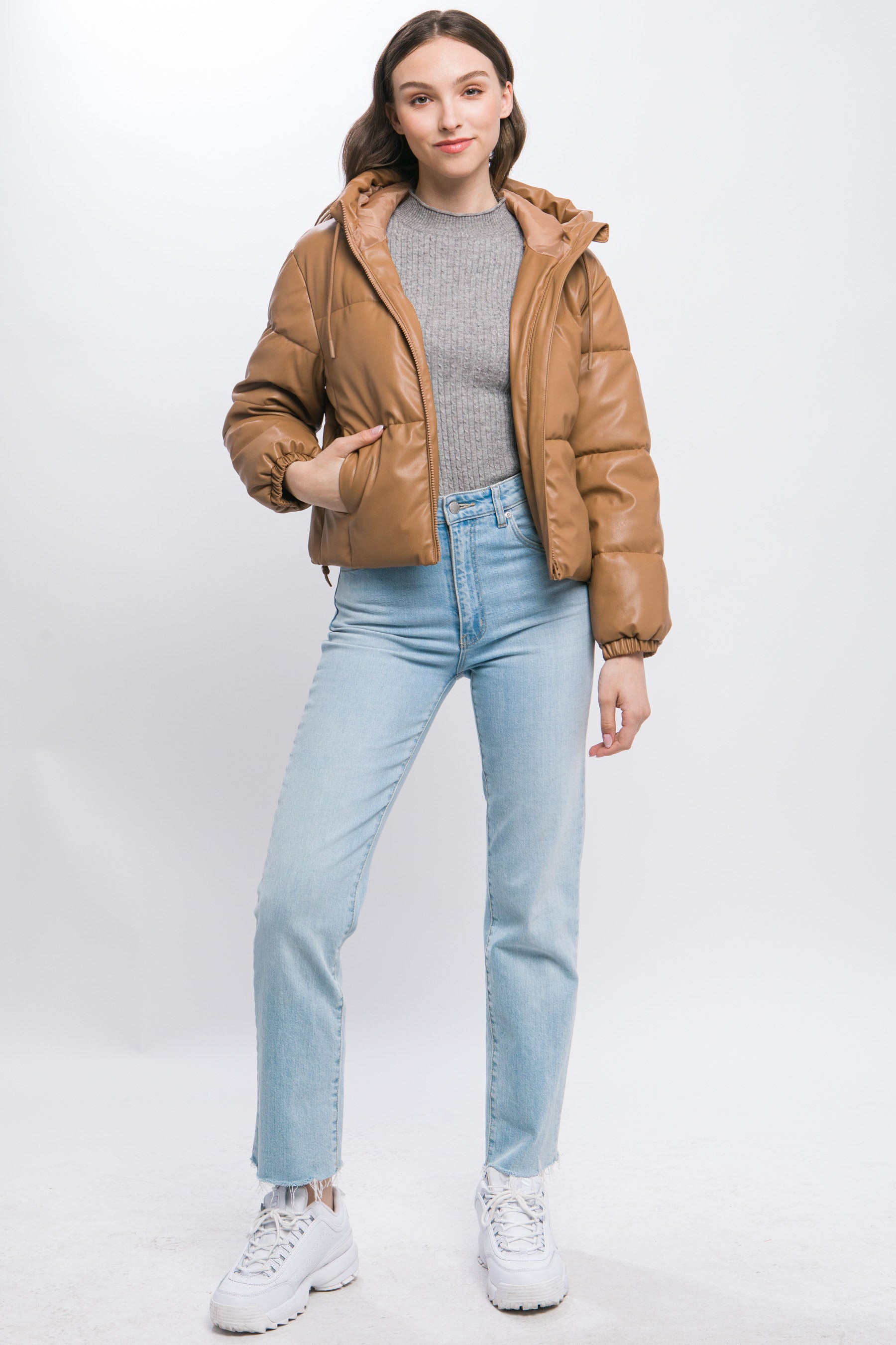 Pu Faux Leather Zipper Hooded Puffer Jacket product image