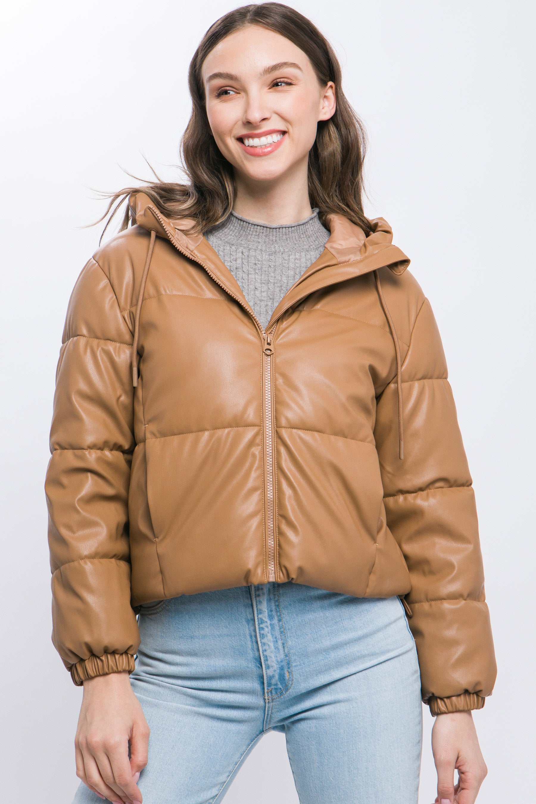 Pu Faux Leather Zipper Hooded Puffer Jacket product image