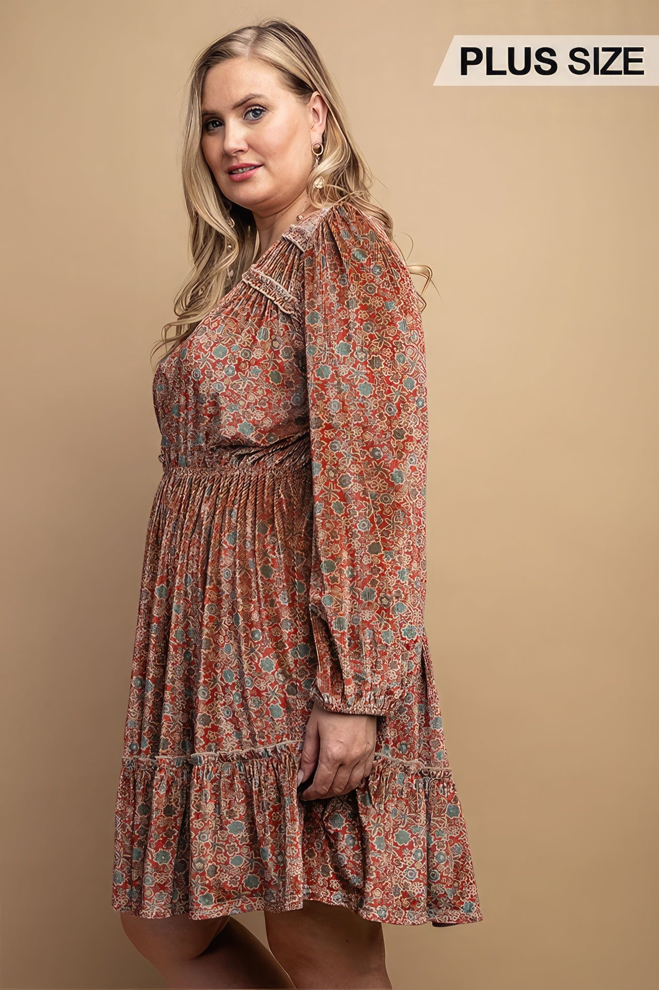 Printed Velvet V-neck Dress With Button Front Detail product image