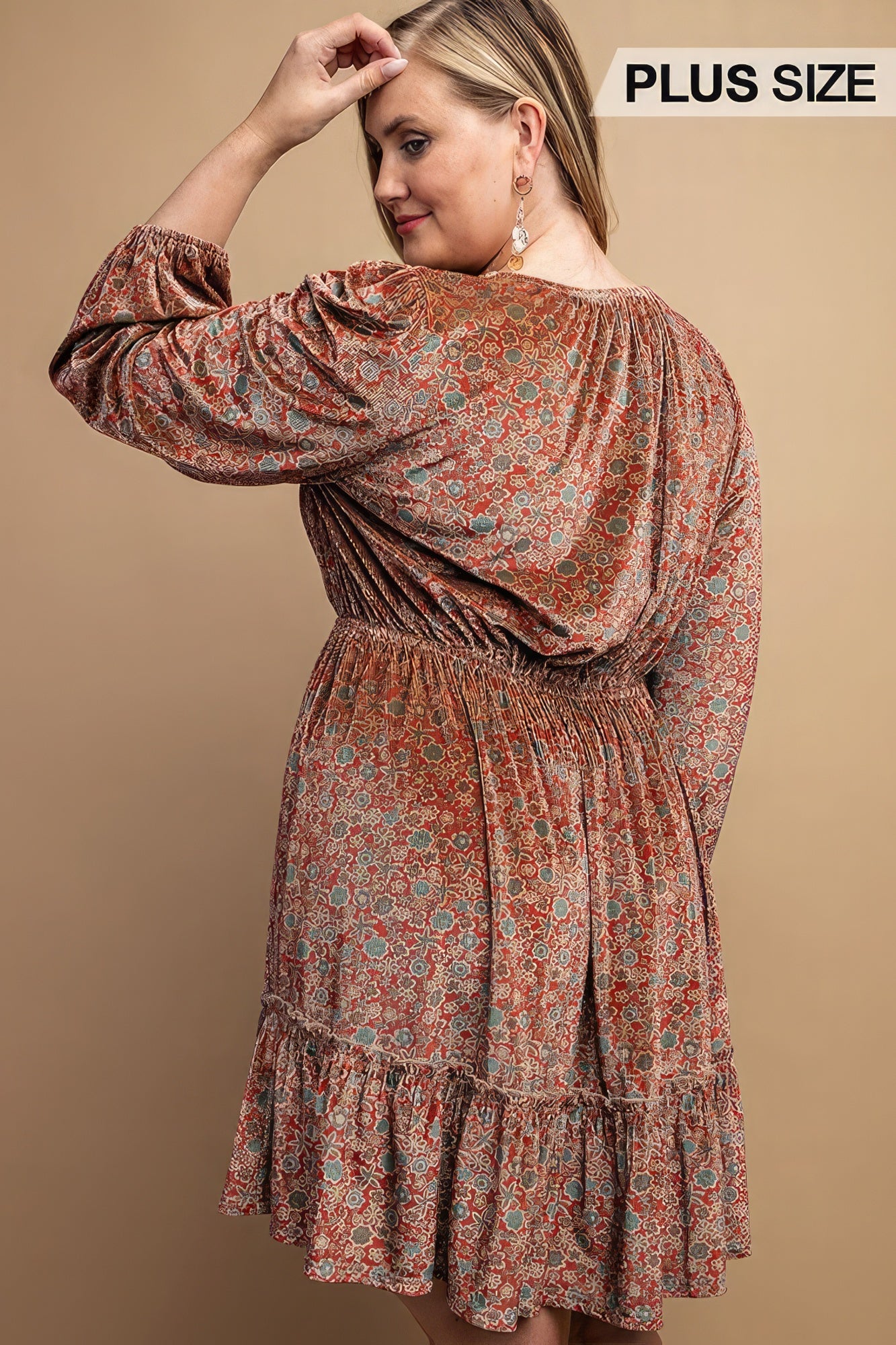 Printed Velvet V-neck Dress With Button Front Detail product image