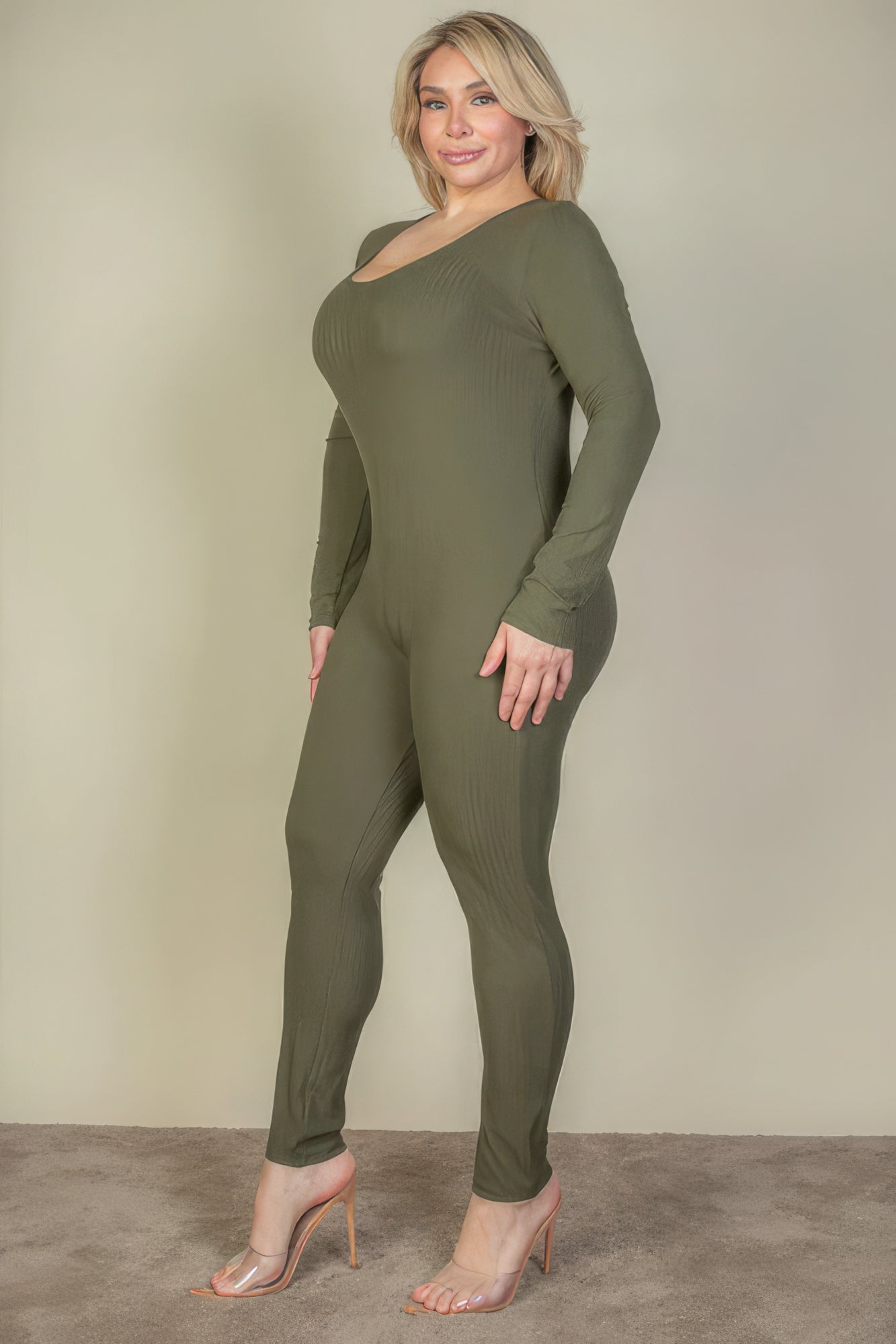 Plus Size Ribbed Scoop Neck Long Sleeve Jumpsuit product image
