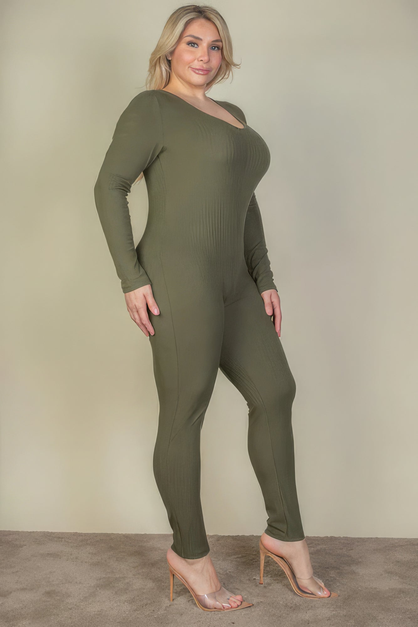 Plus Size Ribbed Scoop Neck Long Sleeve Jumpsuit product image