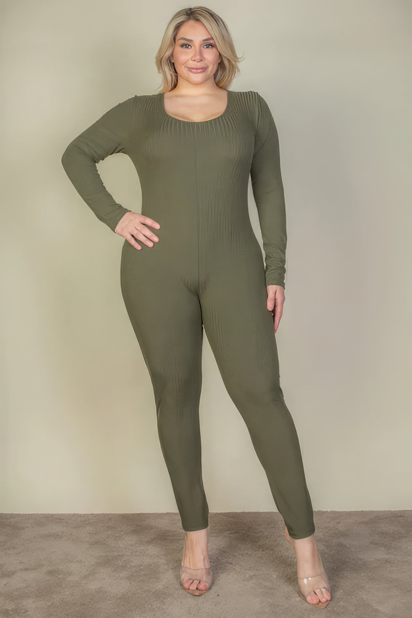 Plus Size Ribbed Scoop Neck Long Sleeve Jumpsuit product image