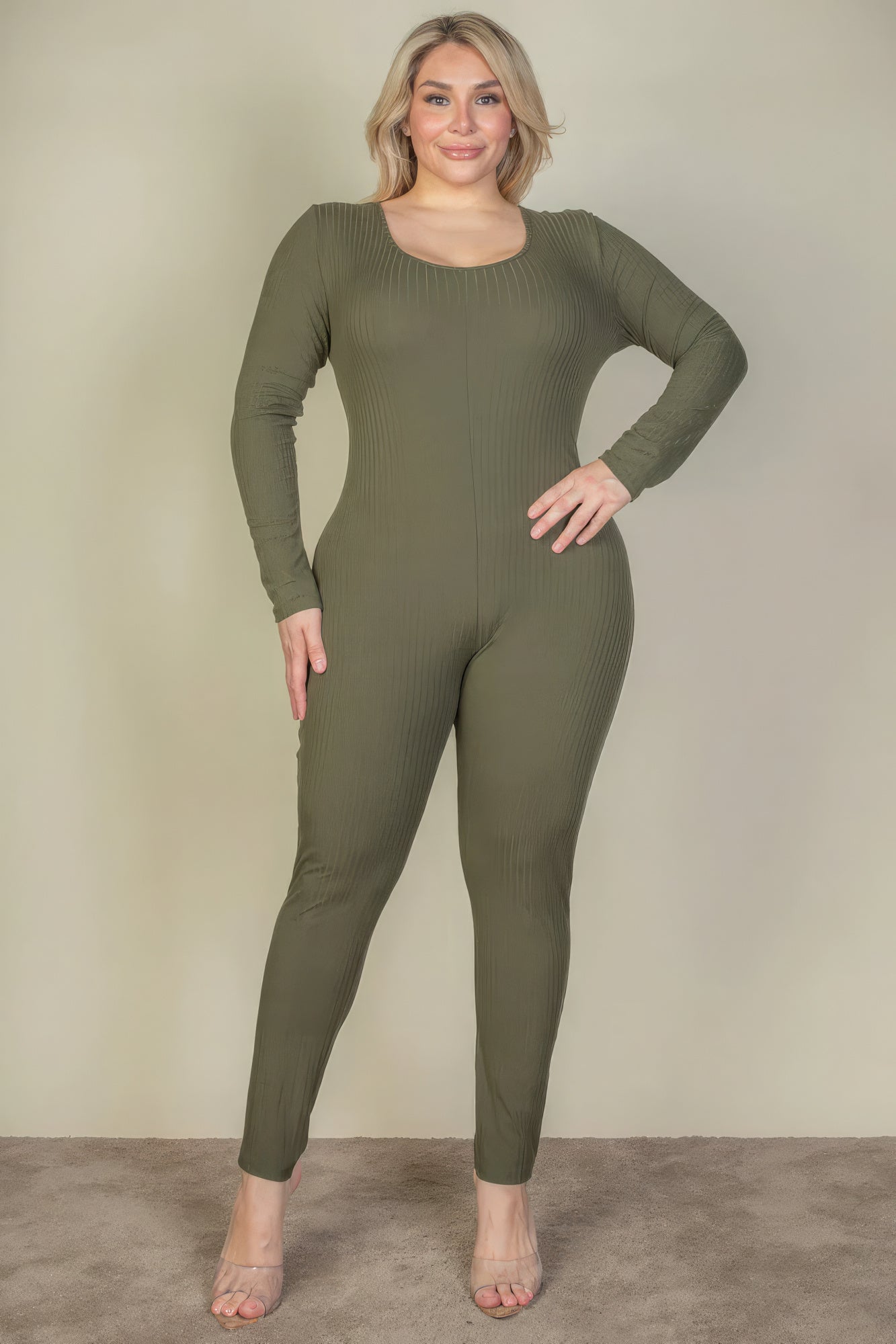 Plus Size Ribbed Scoop Neck Long Sleeve Jumpsuit product image