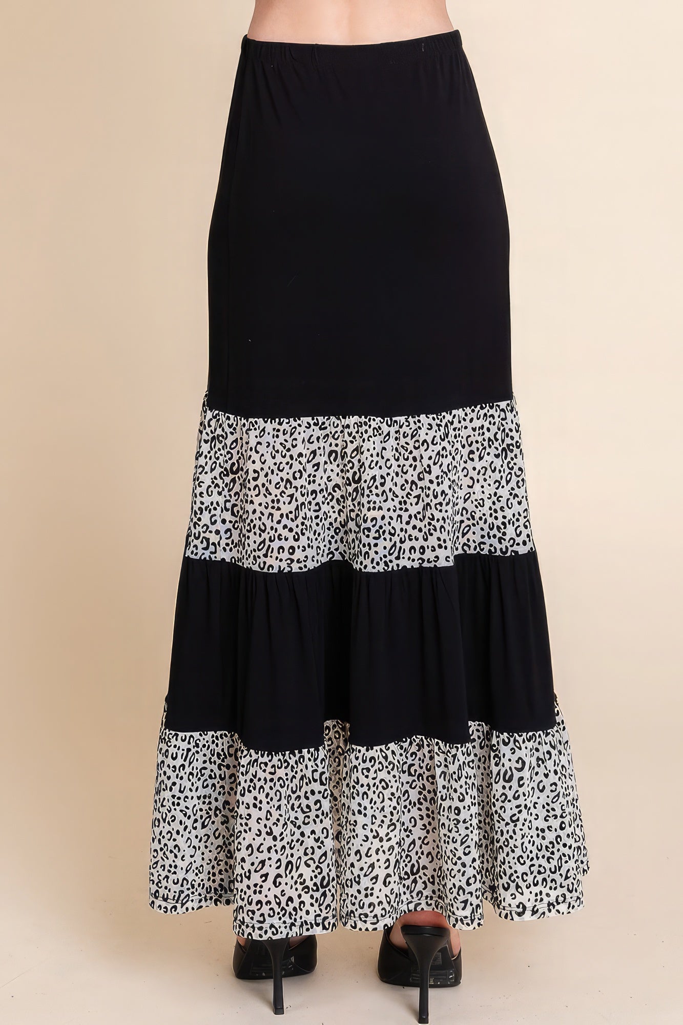 Long Tiered Contrast Fashion Skirt With Velvet Animal Print Mesh product image