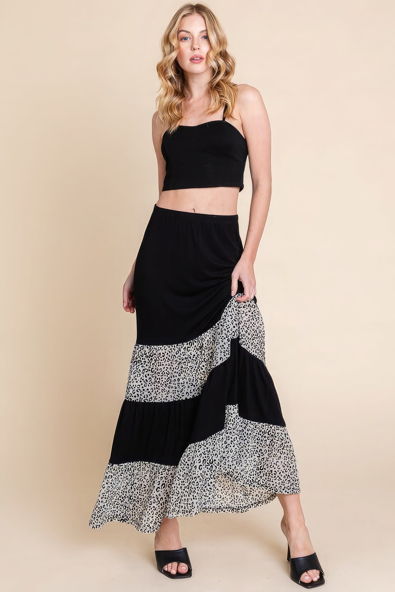 Long Tiered Contrast Fashion Skirt With Velvet Animal Print Mesh product image