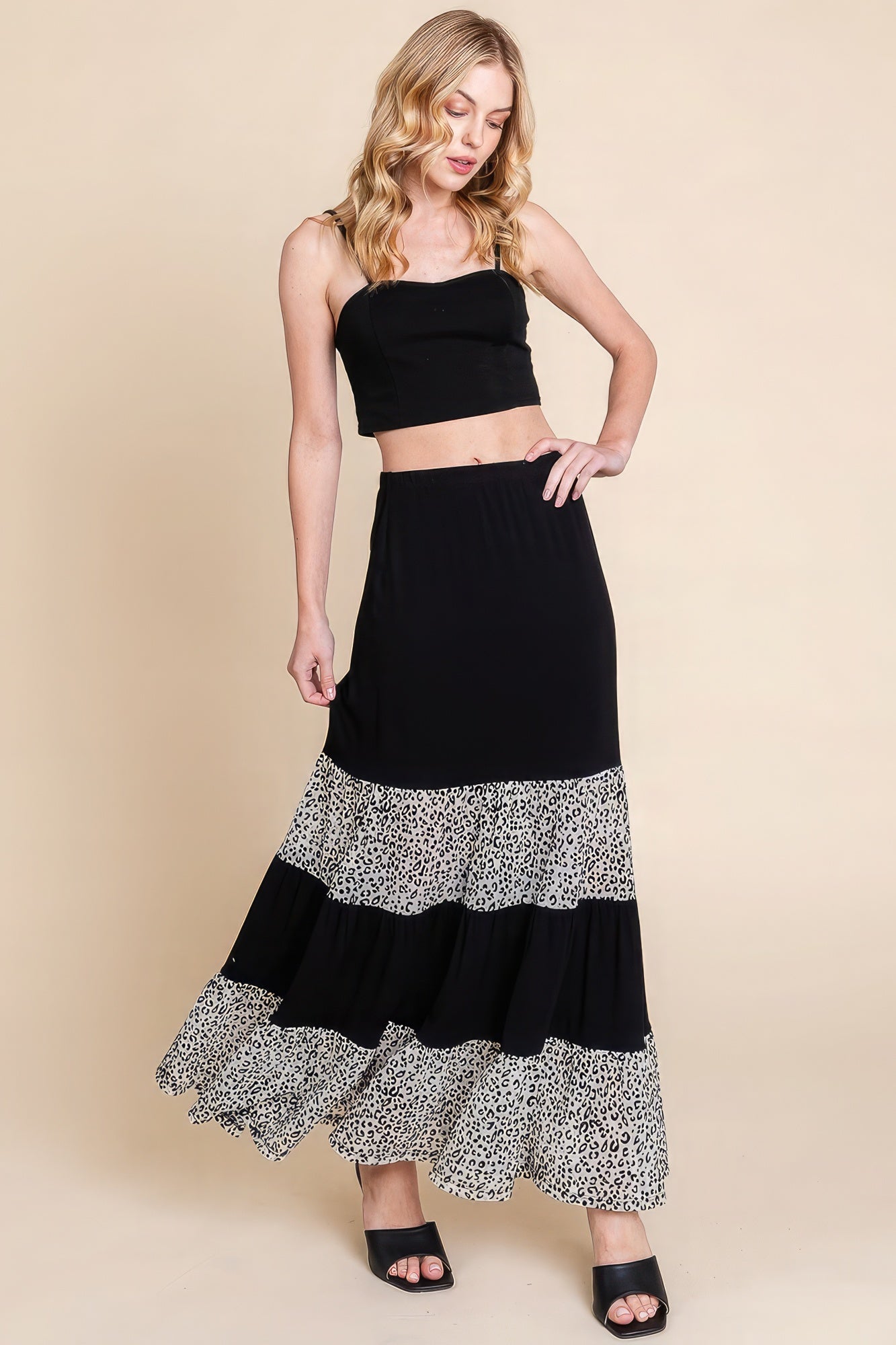 Long Tiered Contrast Fashion Skirt With Velvet Animal Print Mesh product image